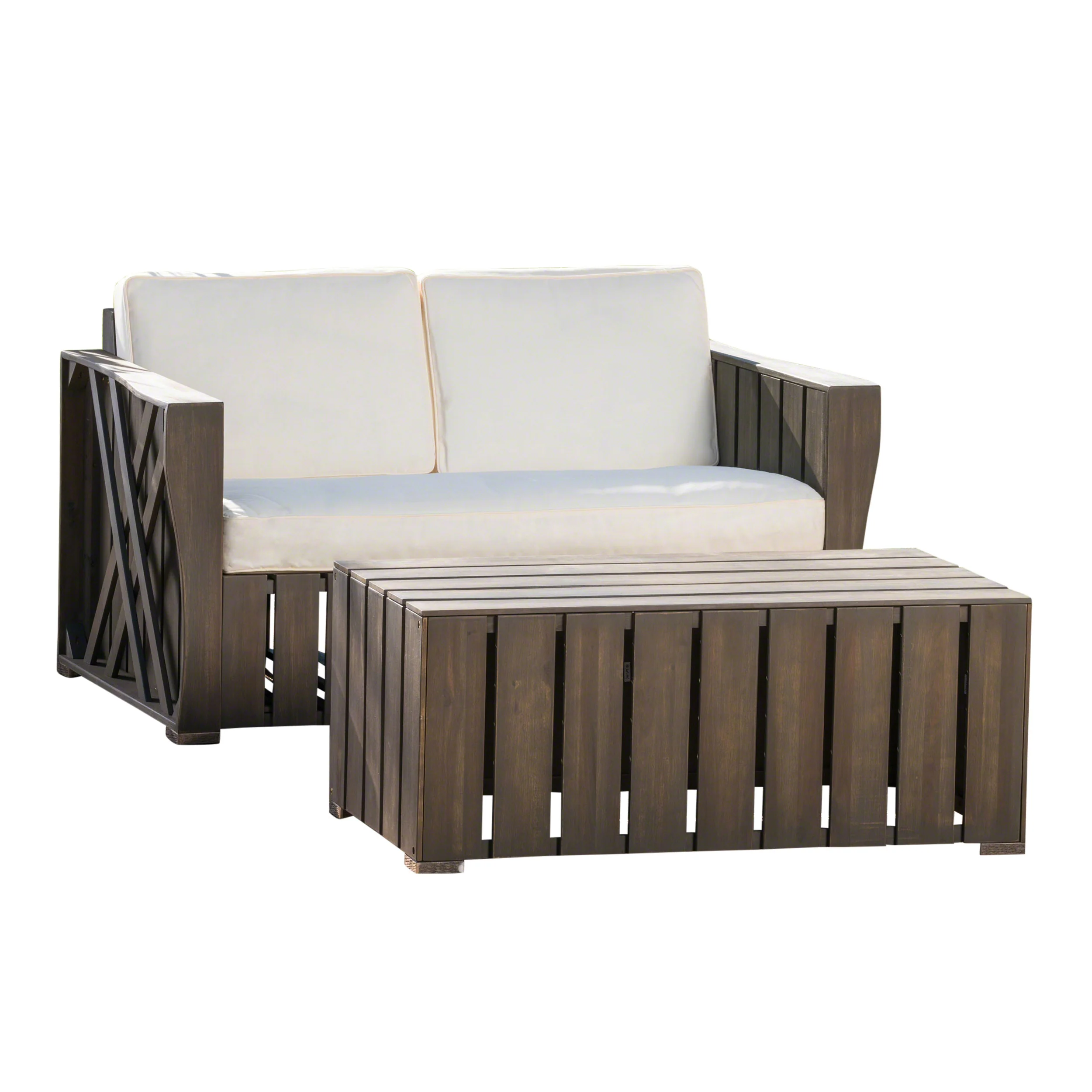 Edward Outdoor Acacia Wood Loveseat and Coffee Table Set with Cushions - furnishings