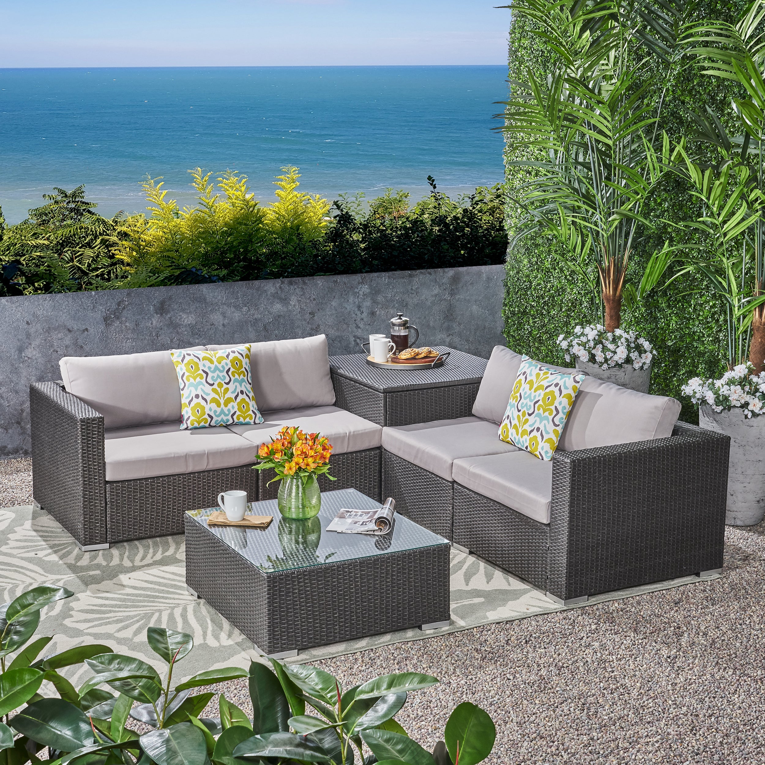 Valentina Outdoor 4-Seater Sectional Sofa Set with Coffee Table and Storage Ottoman - furnishings