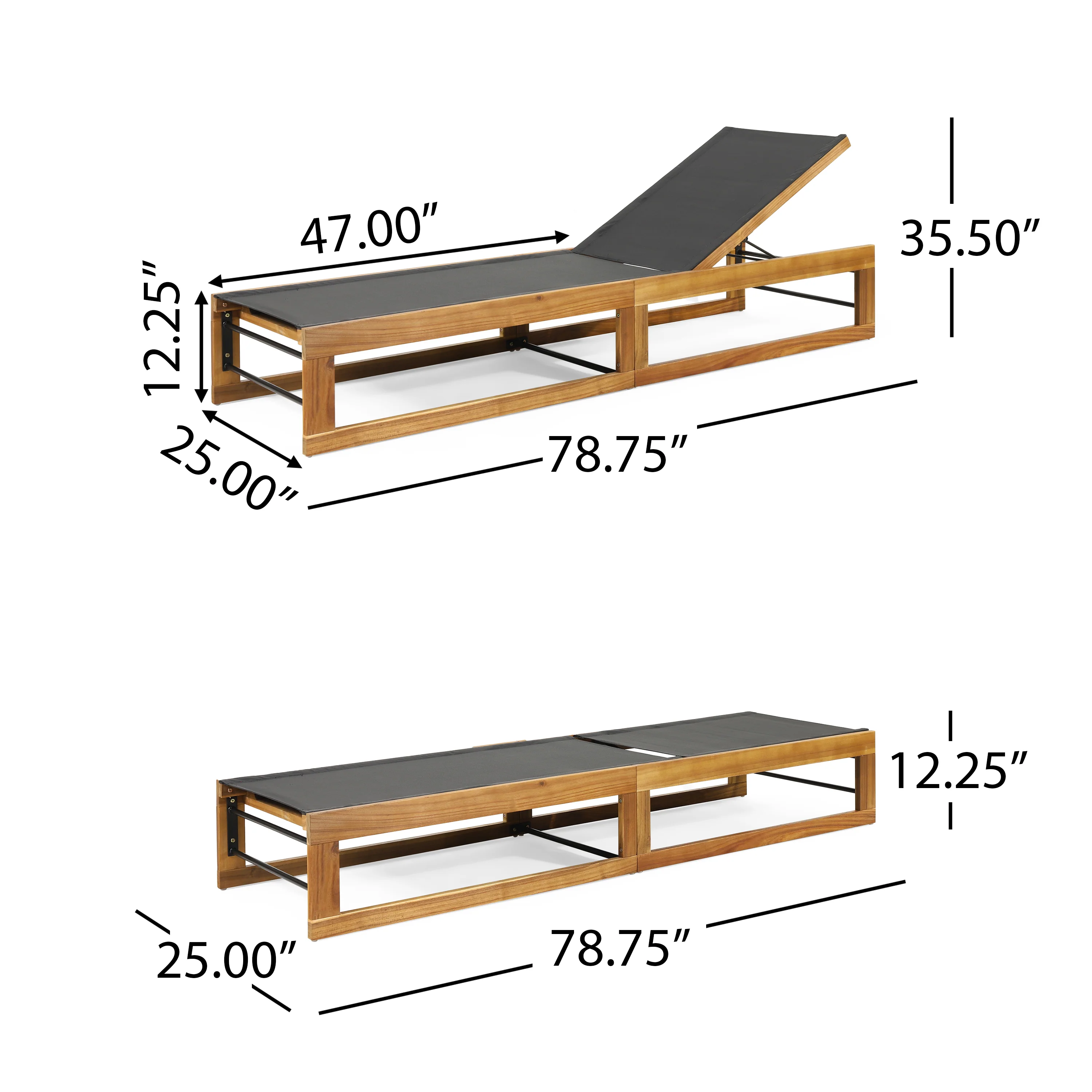 Leavitt Outdoor Mesh and Wood Adjustable Chaise Lounges, Set of 4, Black and Teak - furnishings