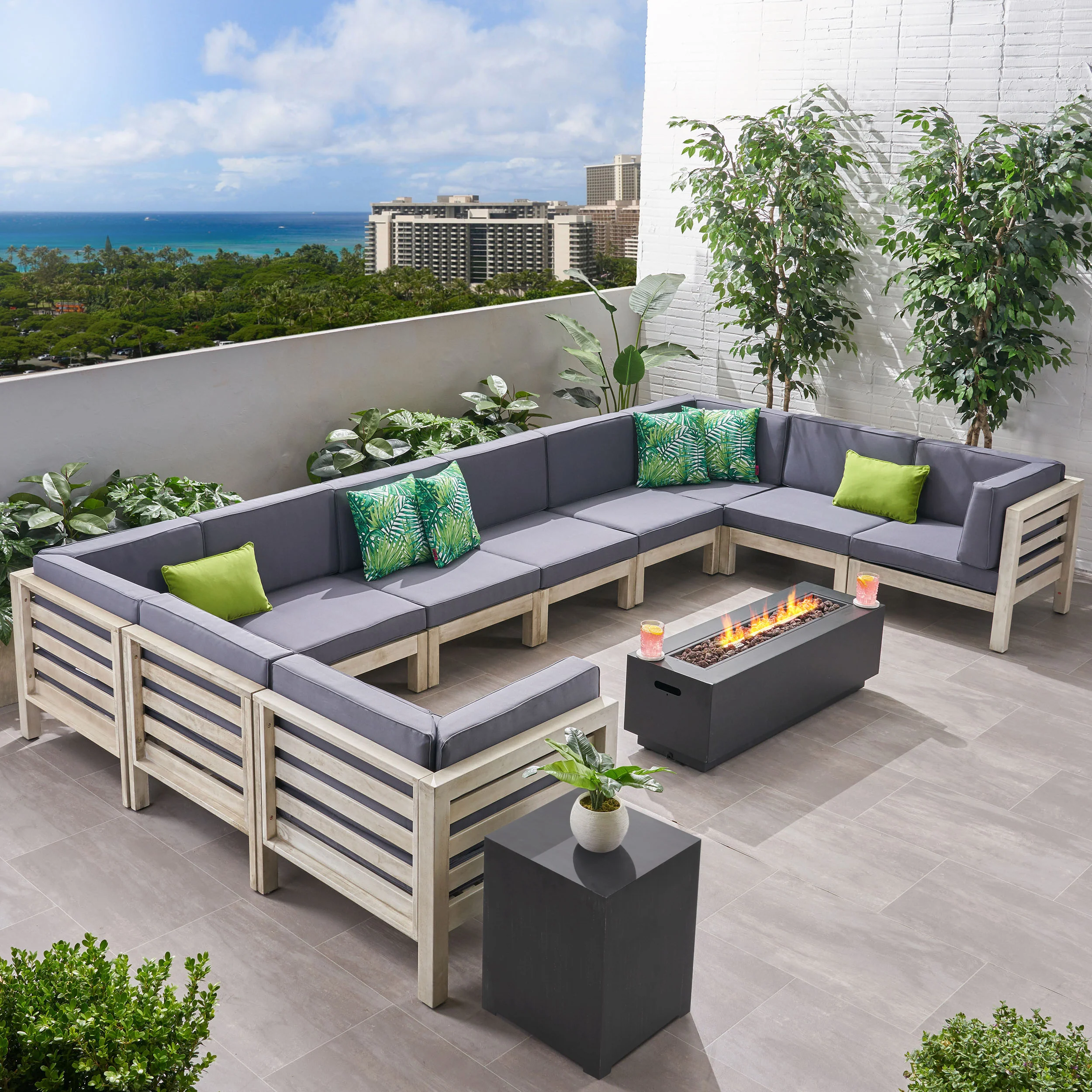 Krystin Outdoor 12 Piece U-Shaped Sectional Sofa Set with Fire Pit - furnishings