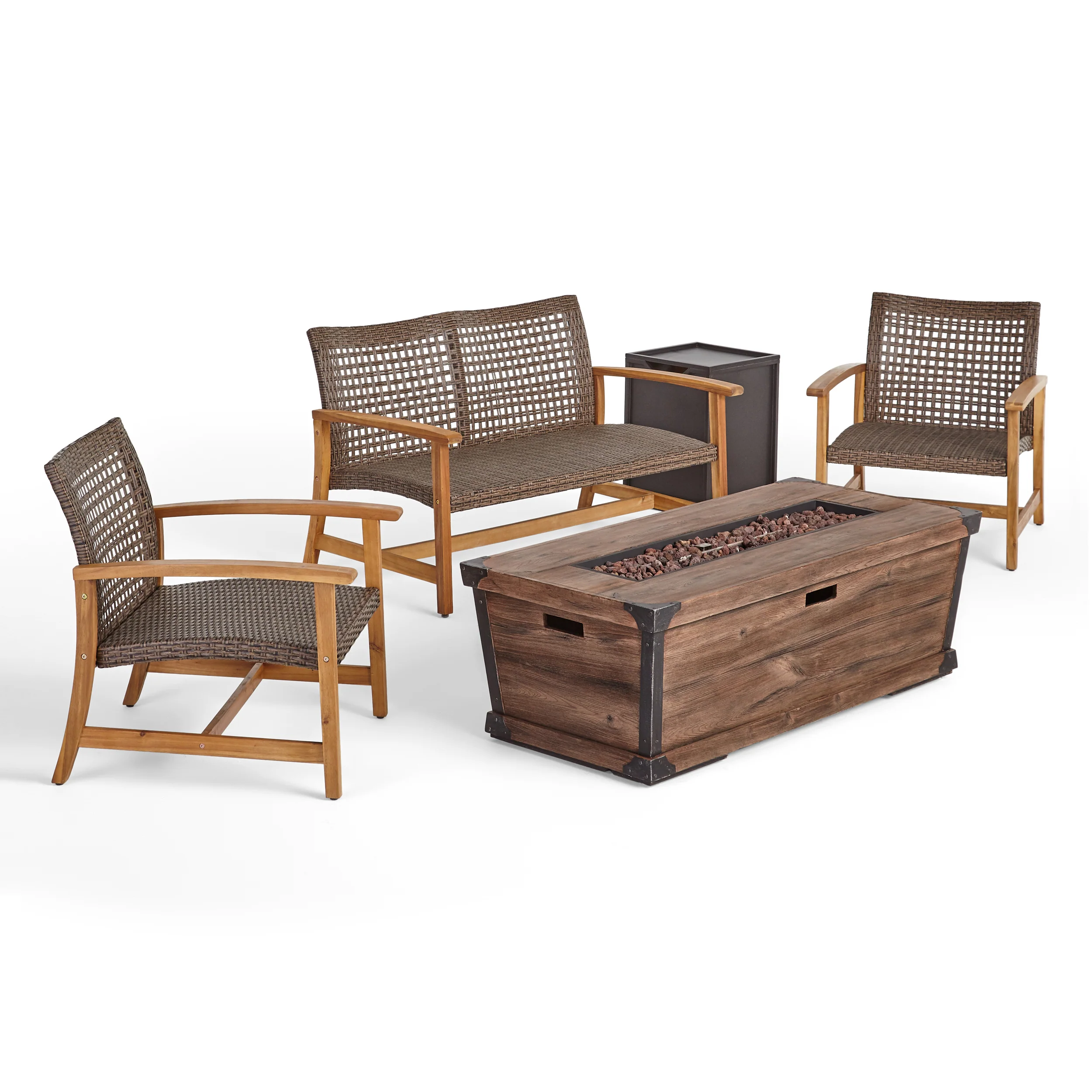 Airyanna Outdoor 3 Piece Wood and Wicker Chat Set with Fire Pit - furnishings