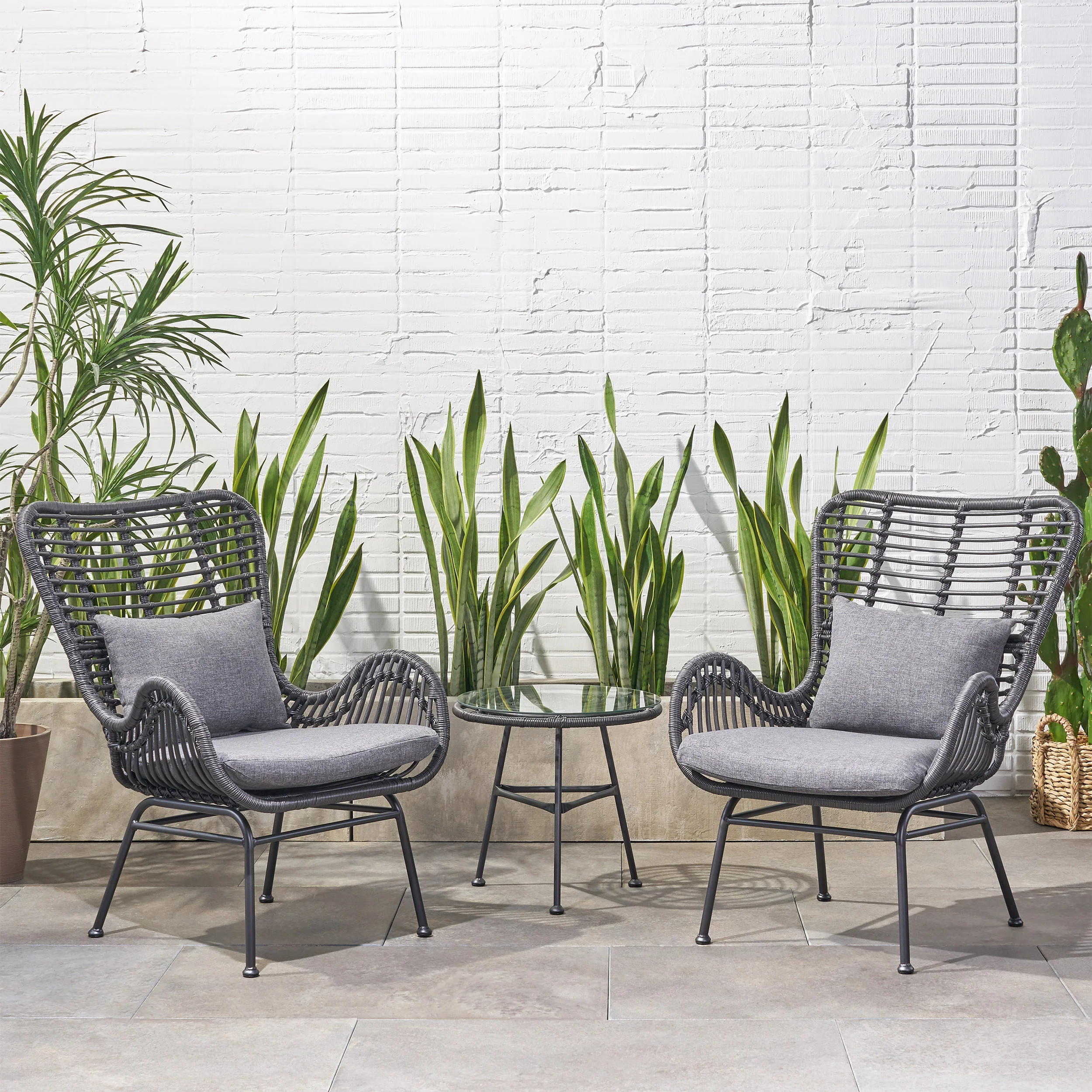 Naomi Outdoor 3 Piece Wicker Chat Set with Cushions - furnishings