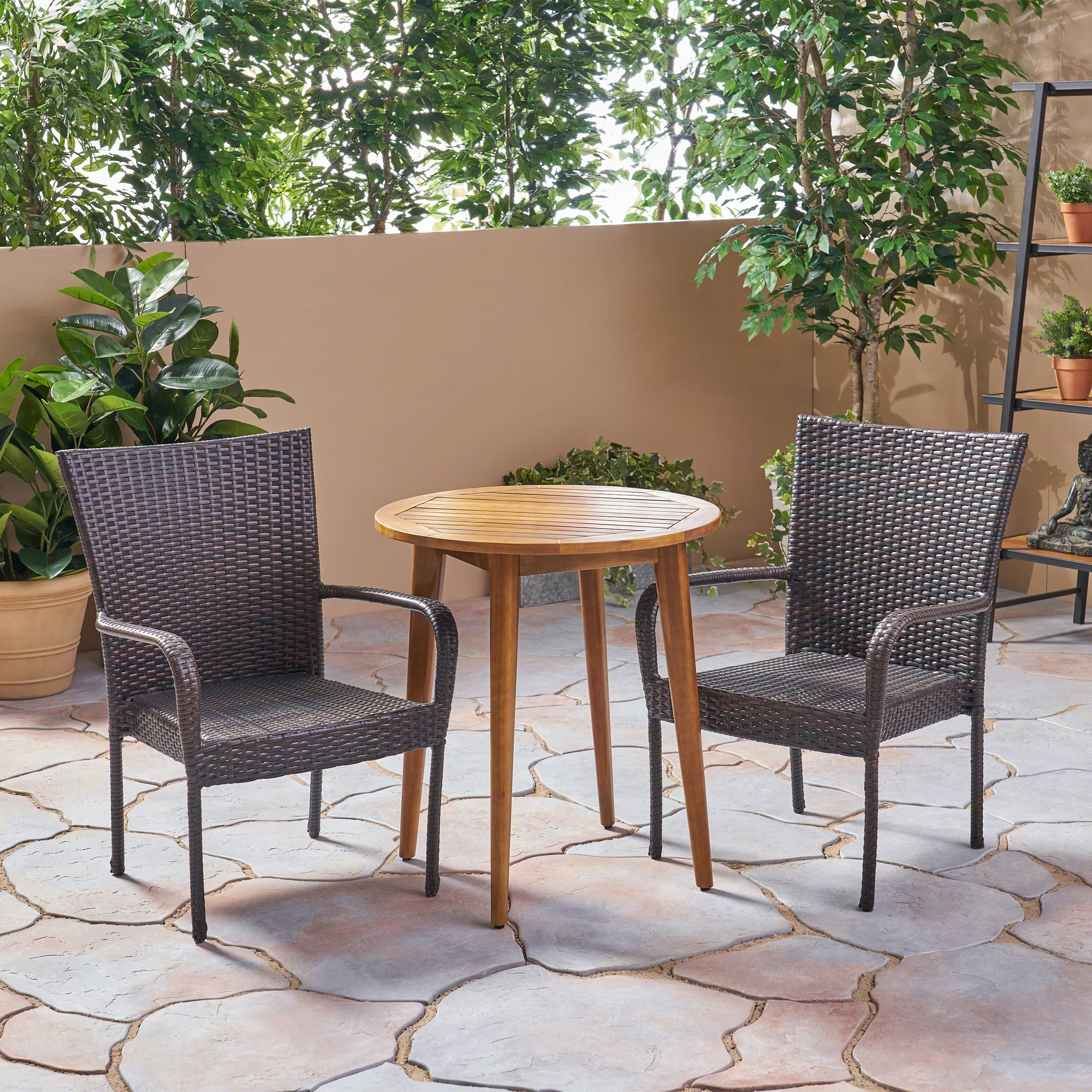 Mayes Outdoor 3 Piece Wood  and Wicker Bistro Set - furnishings