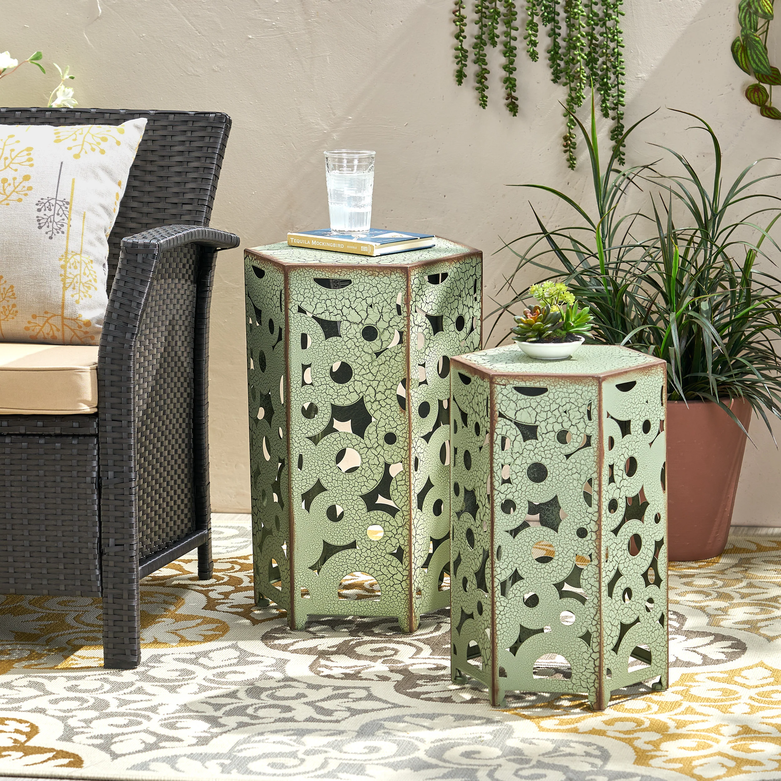 Contemporary Outdoor Hexagonal Antique Iron Accent Tables (Set of 2) - furnishings