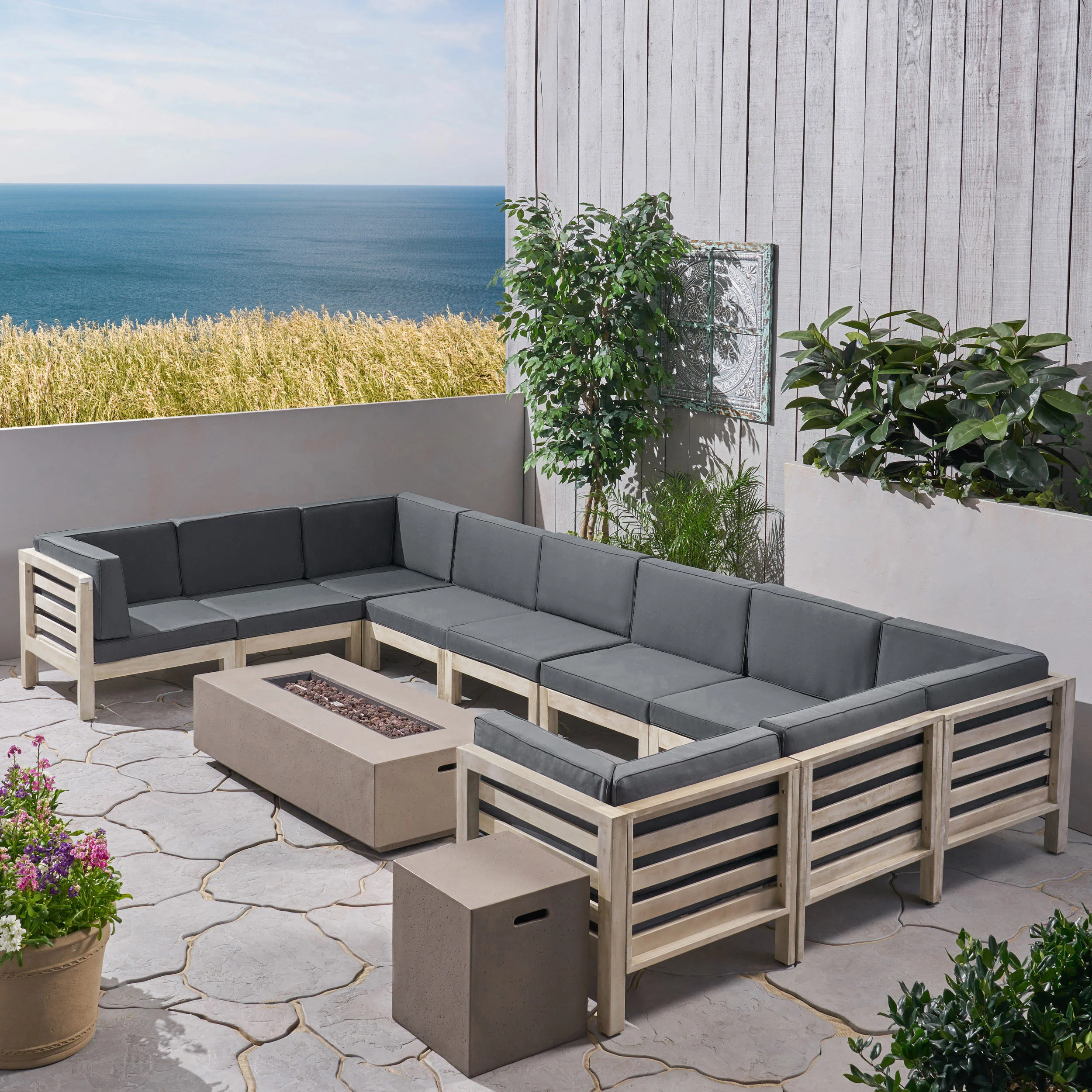 Ravello Outdoor 12 Piece U-Shaped Sectional Sofa Set with Fire Pit - furnishings