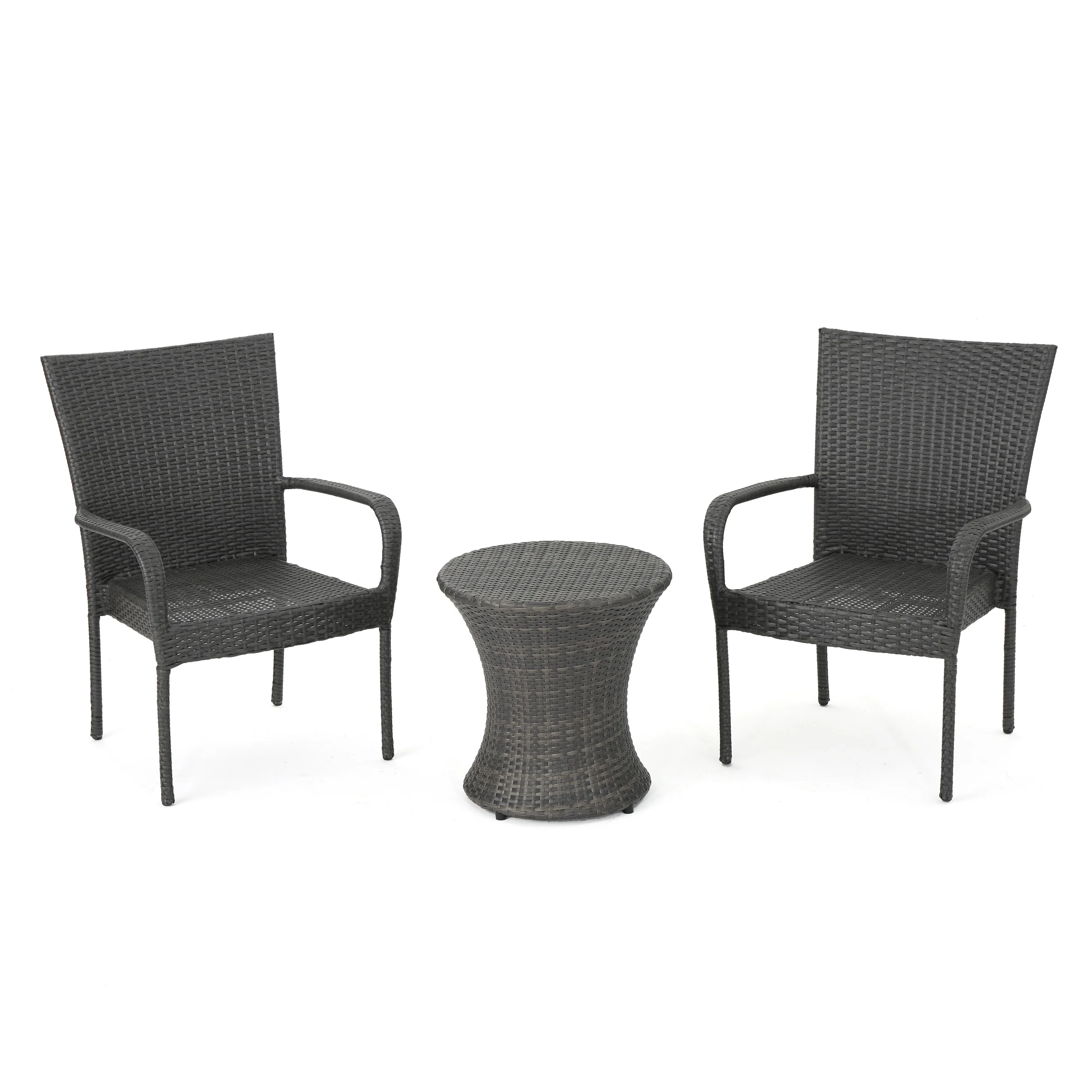 Parham Outdoor 3 Piece Grey Wicker Stacking Chair Chat Set - furnishings