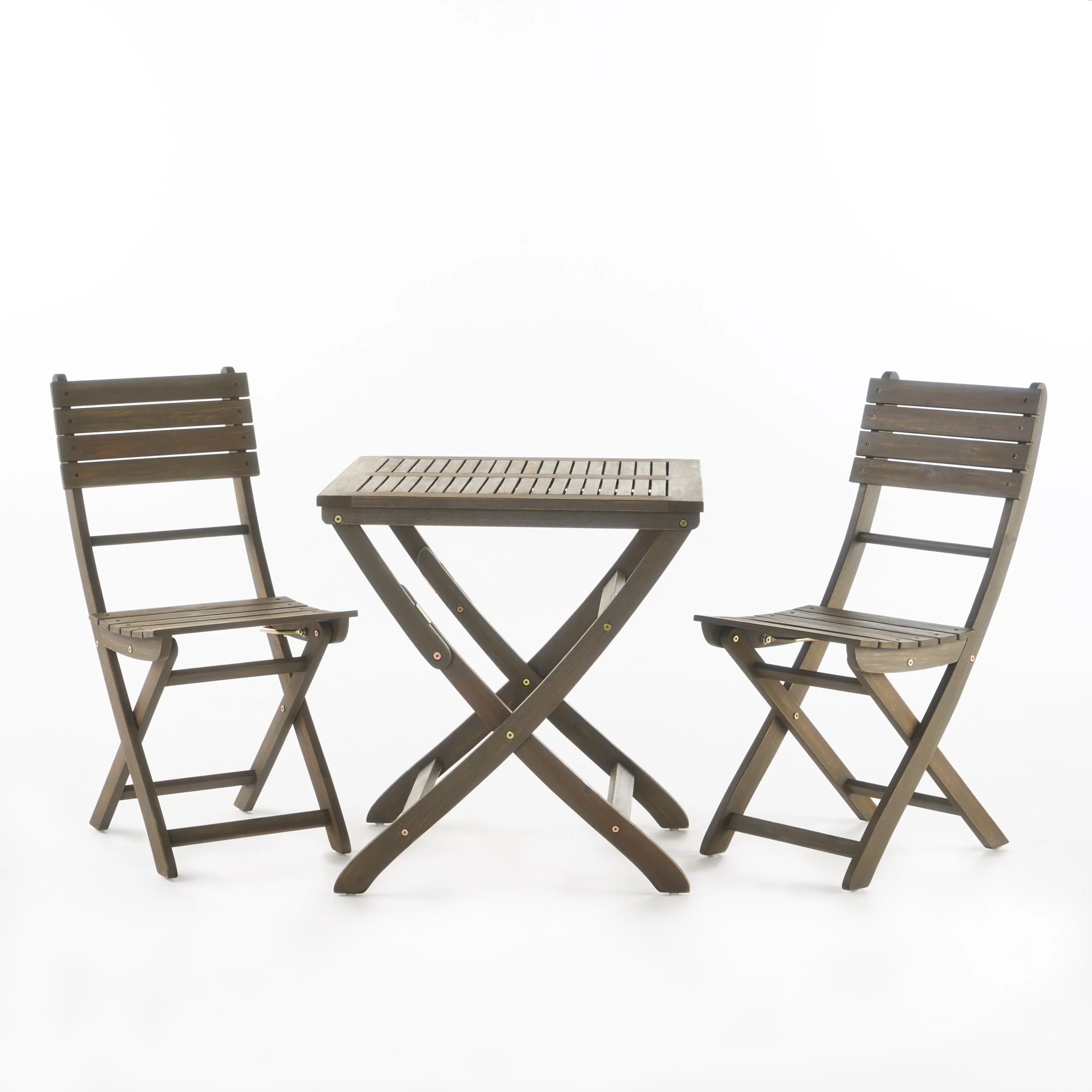 Versaille Outdoor 3 Piece Foldable Grey Finished Acacia Wood Bistro Set - furnishings