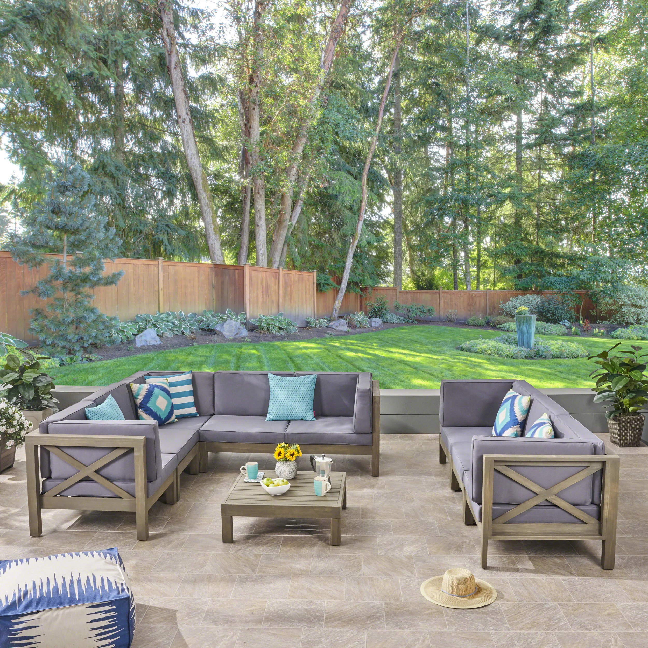 Cynthia Outdoor Acacia Wood 9-Piece Sectional Sofa Set with Coffee Table - furnishings