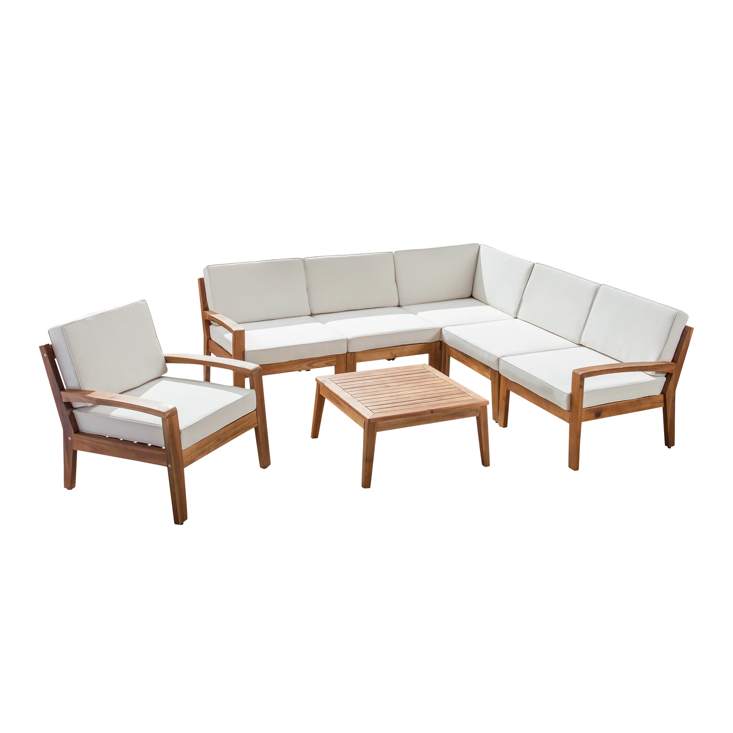 Giselle Outdoor Acacia Wood 6 Seater Sectional Sofa and Club Chair Set with Coffee Table - furnishings