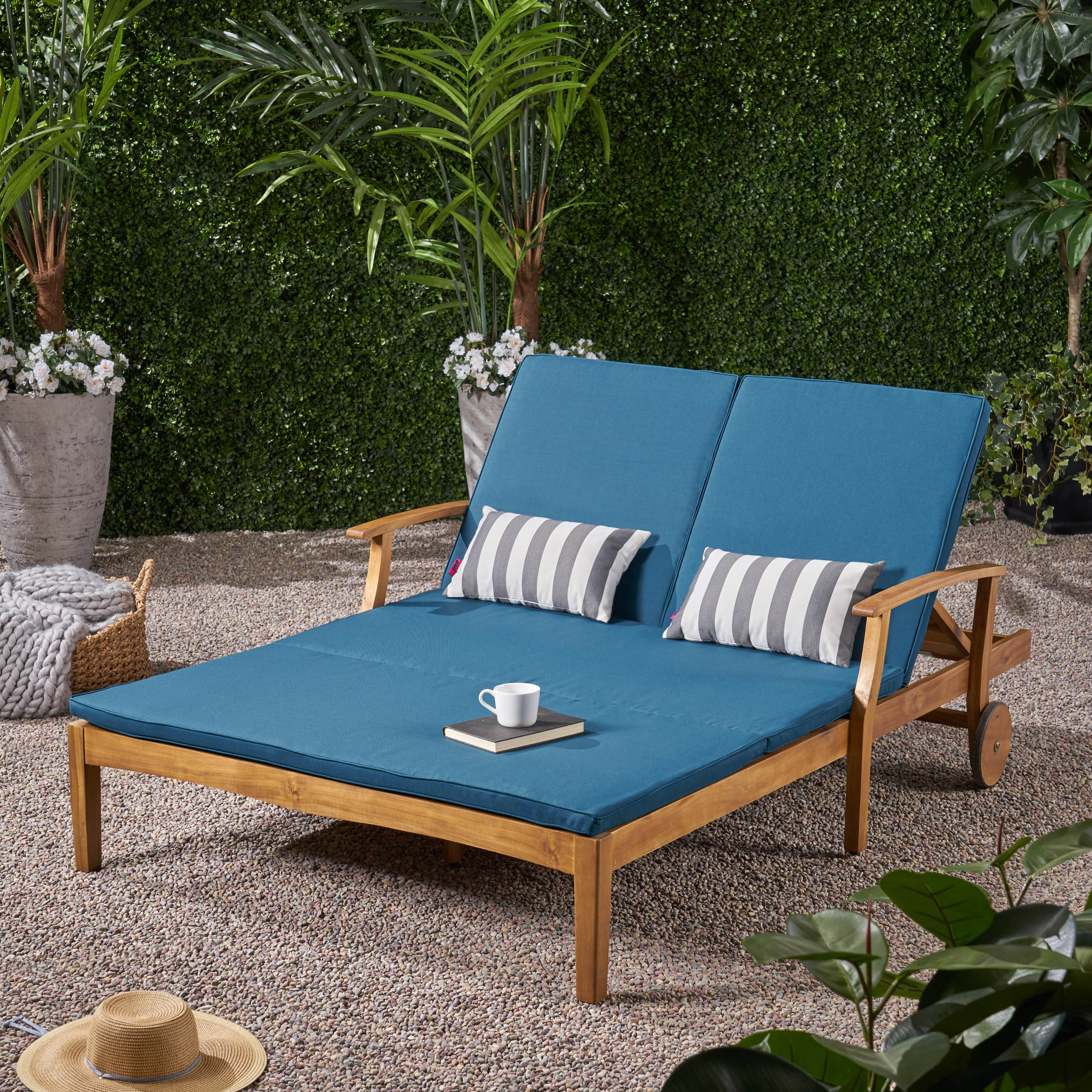 Samantha Double Chaise Lounge for Yard and Patio, Acacia Wood Frame - furnishings