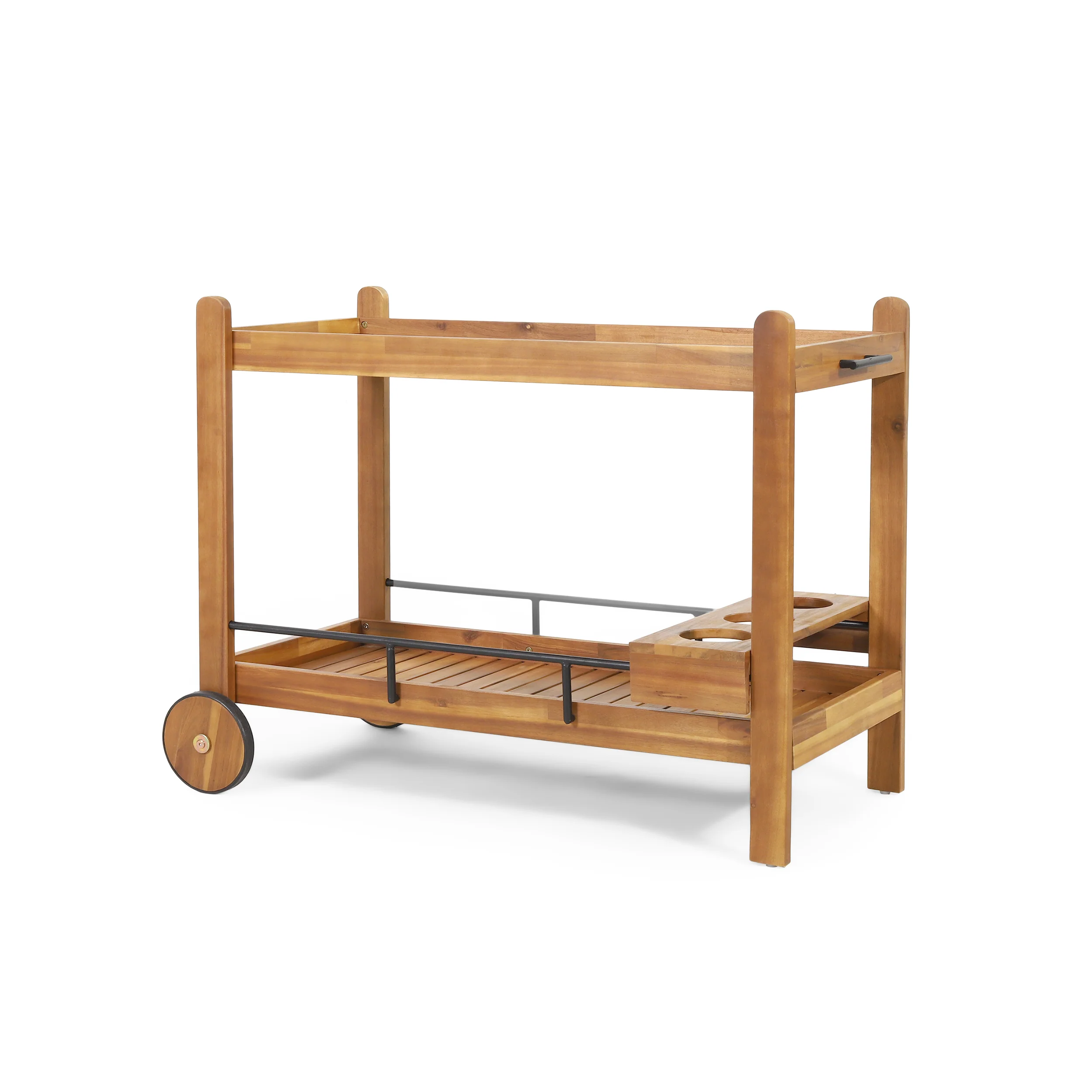 Bonneau Outdoor Acacia Wood 2 Tiered Bar Cart with Bottle Holders, Teak and Black - furnishings