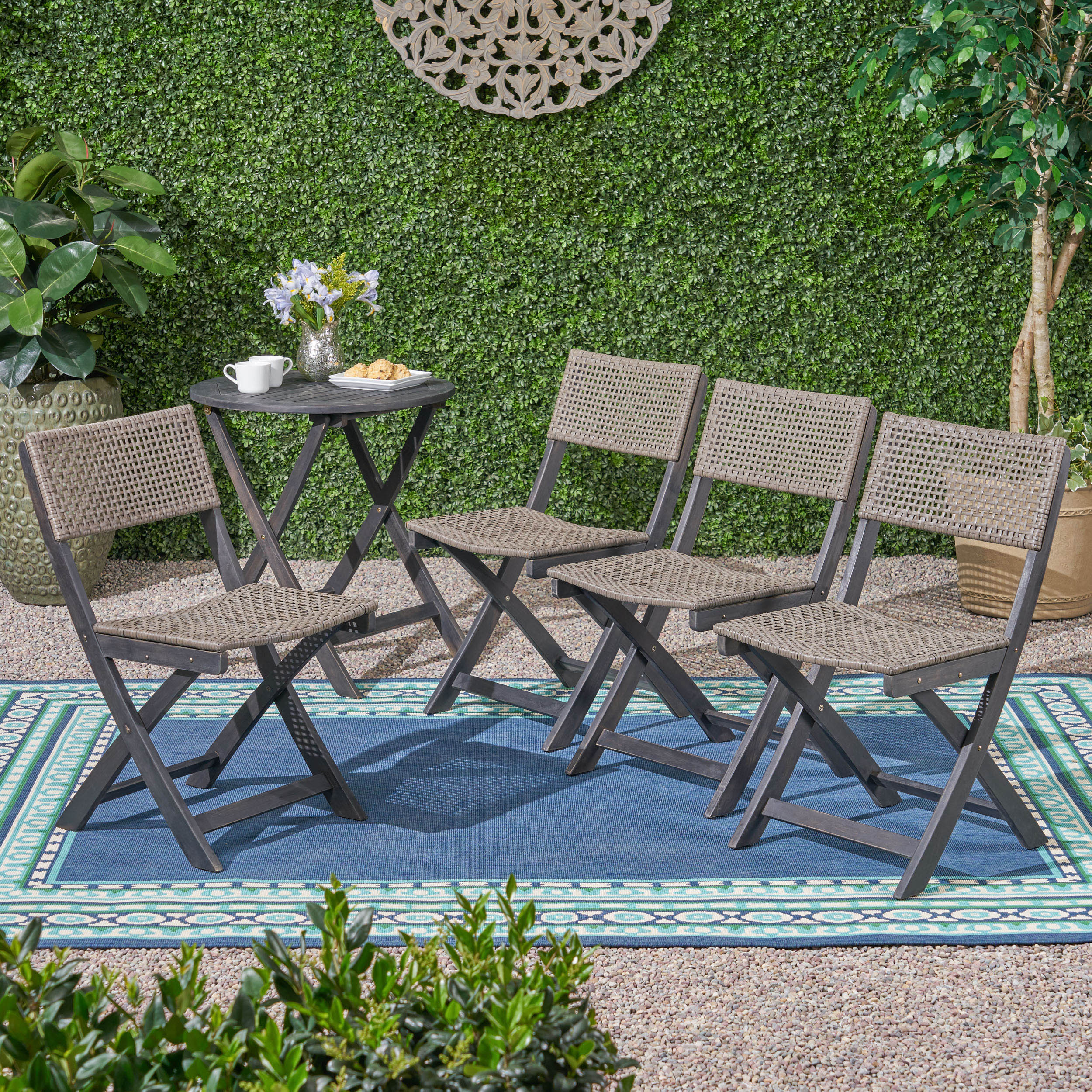 Truda Outdoor Acacia Wood Foldable Bistro Chairs with Wicker Seating (Set of 4) - furnishings