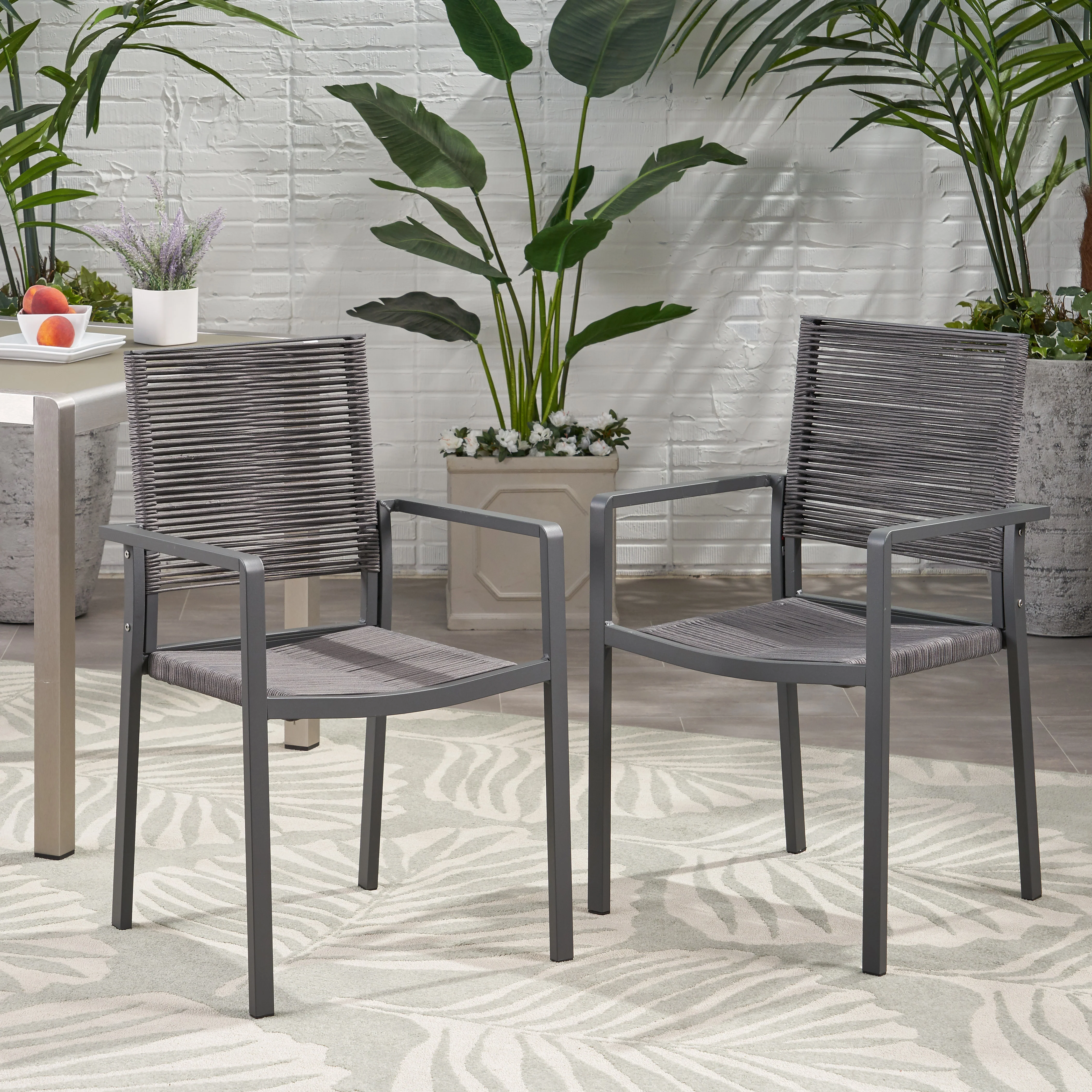 Lillian Outdoor Modern Aluminum Dining Chair with Rope Seat (Set of 2) - furnishings