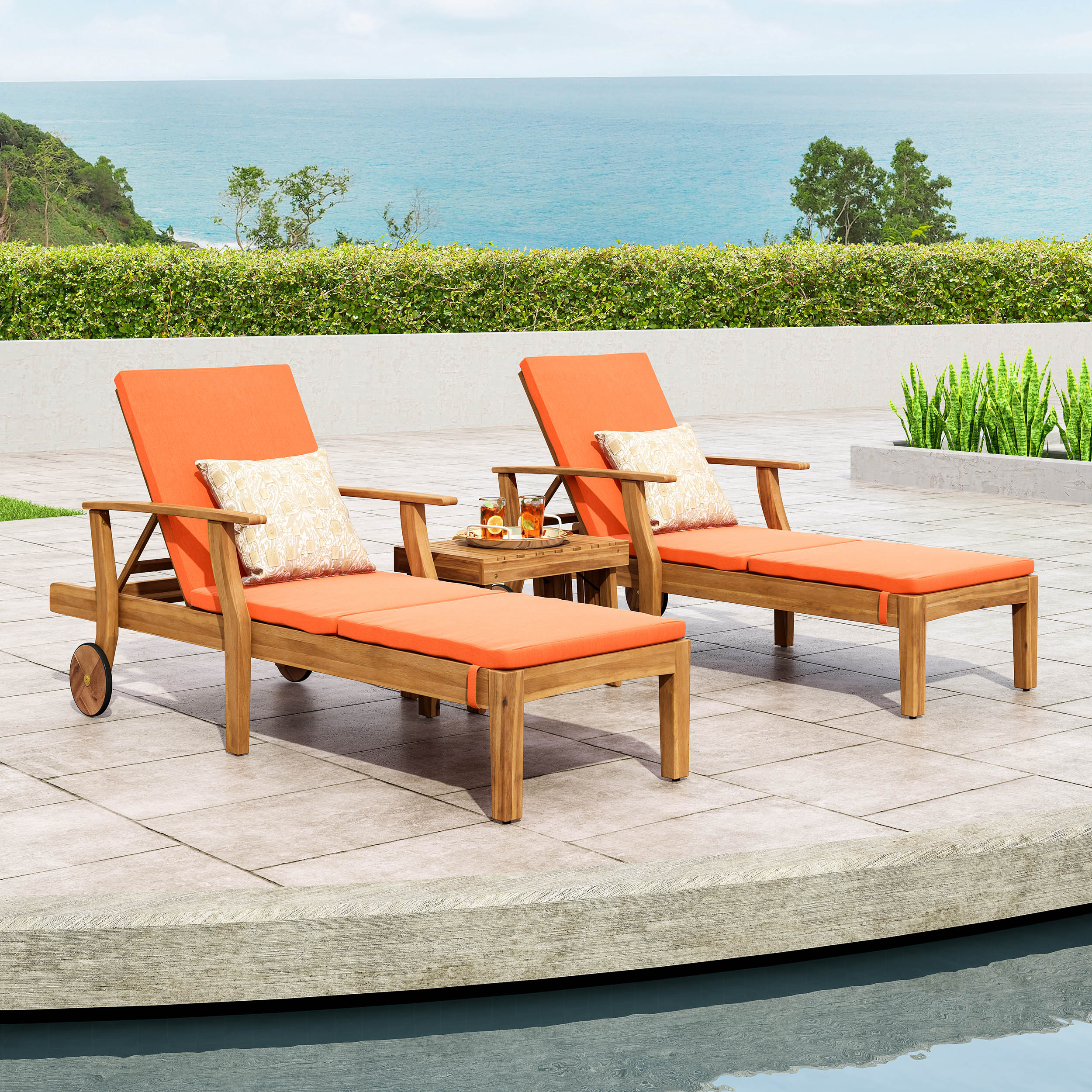 Capri Outdoor Acacia Wood 3 Piece Chaise Lounge Set with Water-Resistant Cushions - furnishings