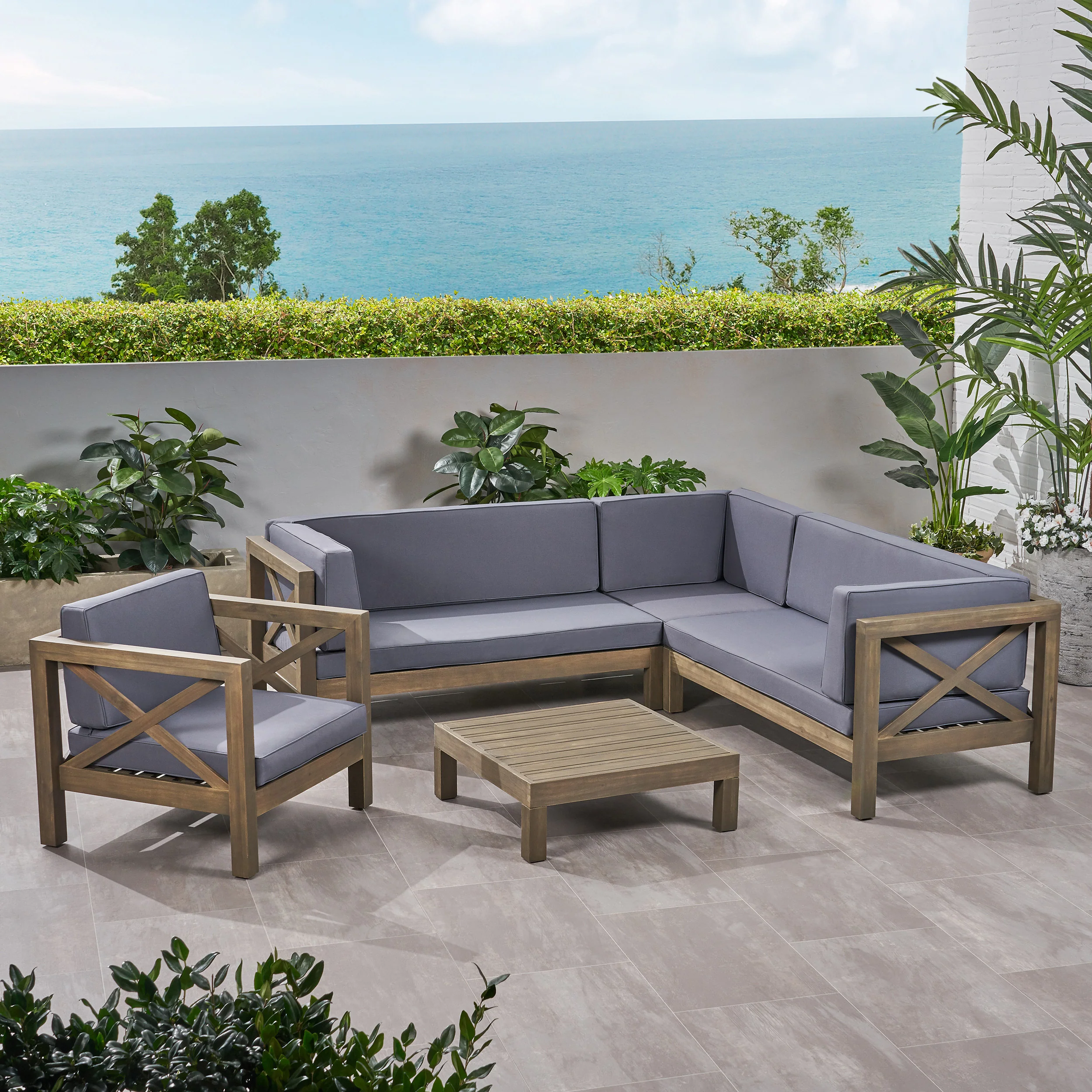 Morgan Outdoor 6 Seater Acacia Wood Sectional Sofa and Club Chair Set - furnishings