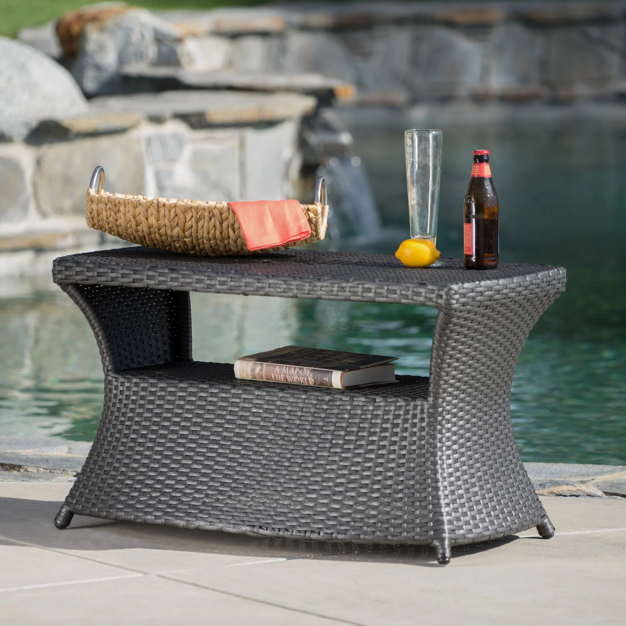 Banta Outdoor Modern Wicker Shelf Side Table with Umbrella Hole - furnishings