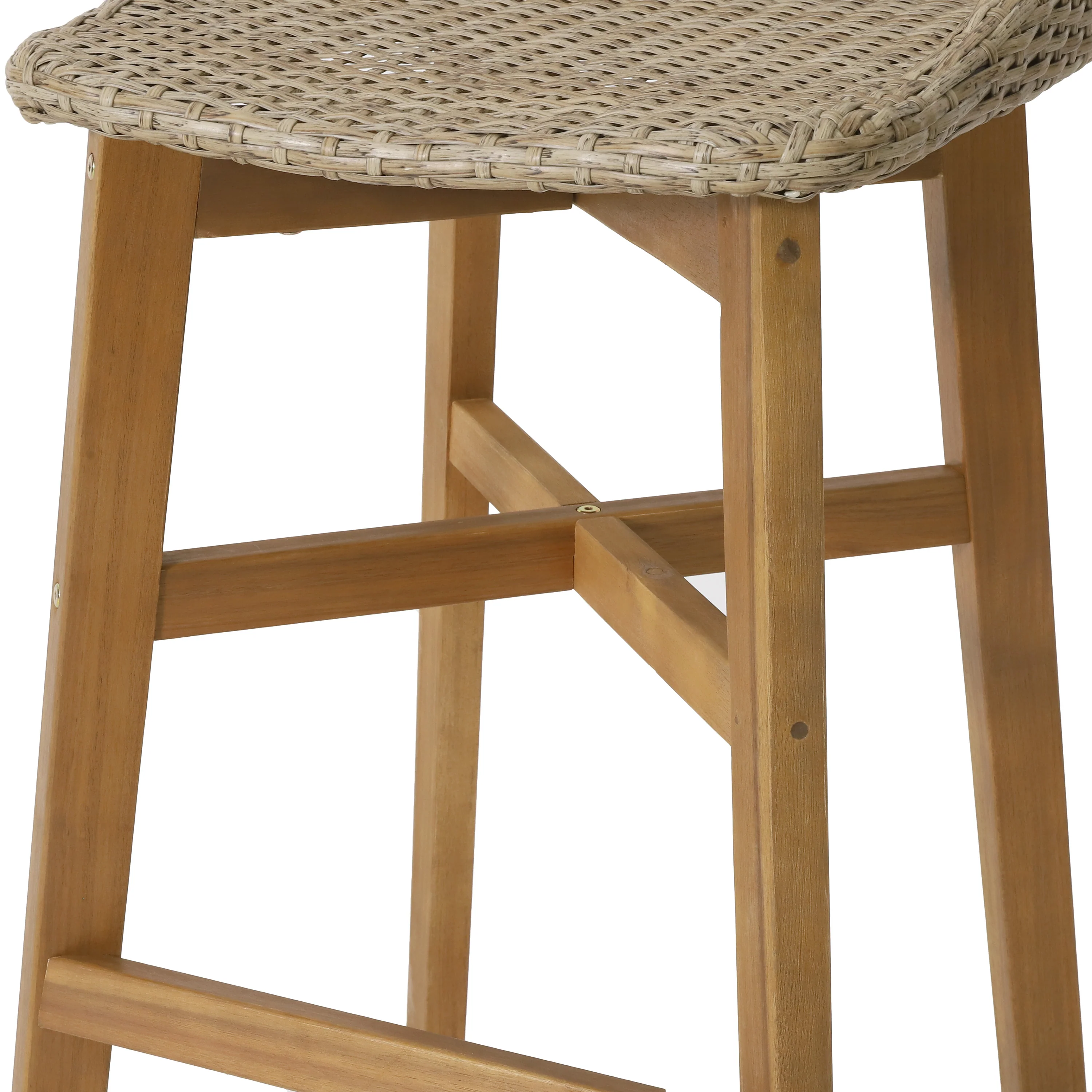 Beeson Outdoor Wicker and Acacia Wood 30 Inch Barstools, Set of 4, Light Multibrown and Teak - furnishings