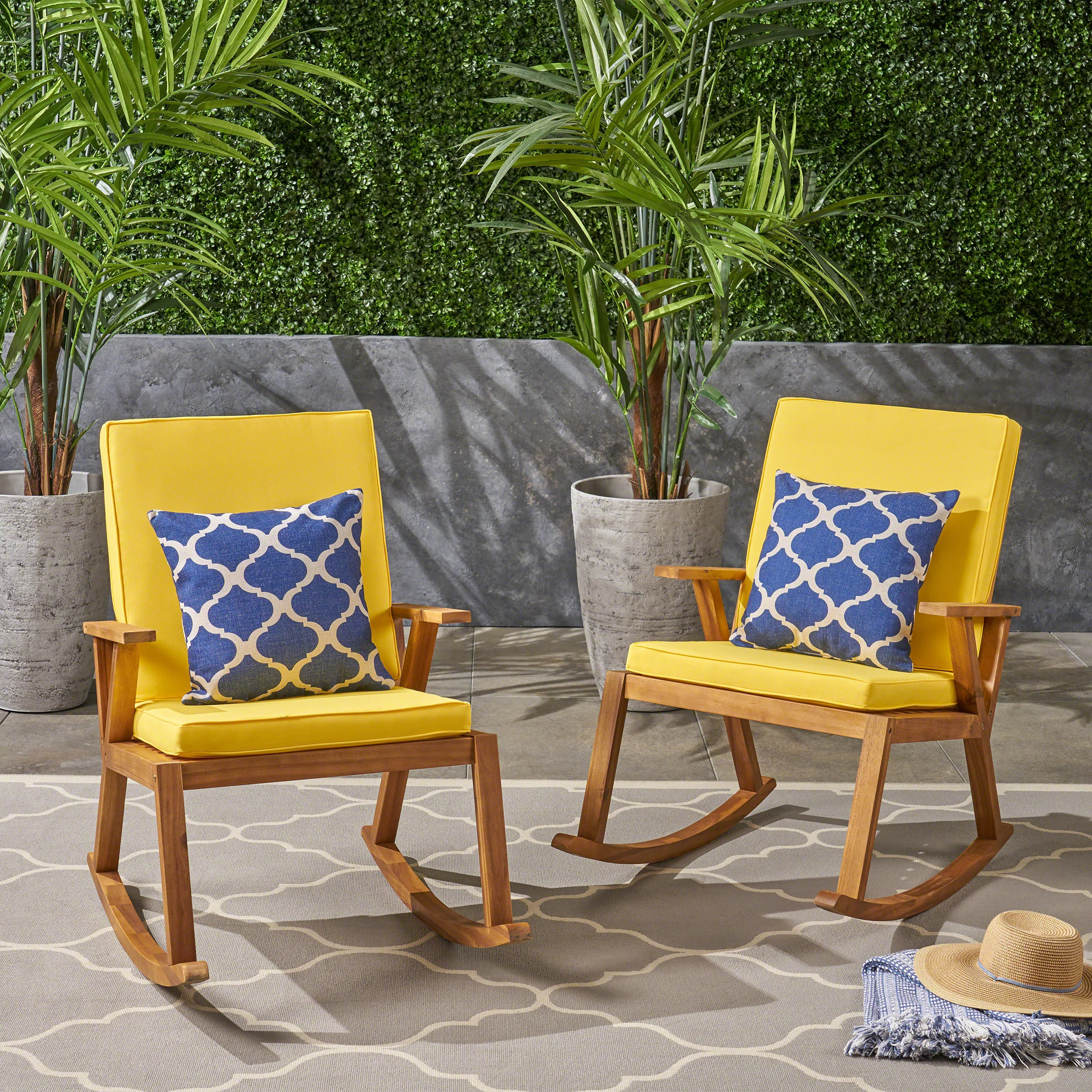 Andy Outdoor Acacia Wood Rocking Chair with Water-Resistant Cushions (Set of 2) - furnishings