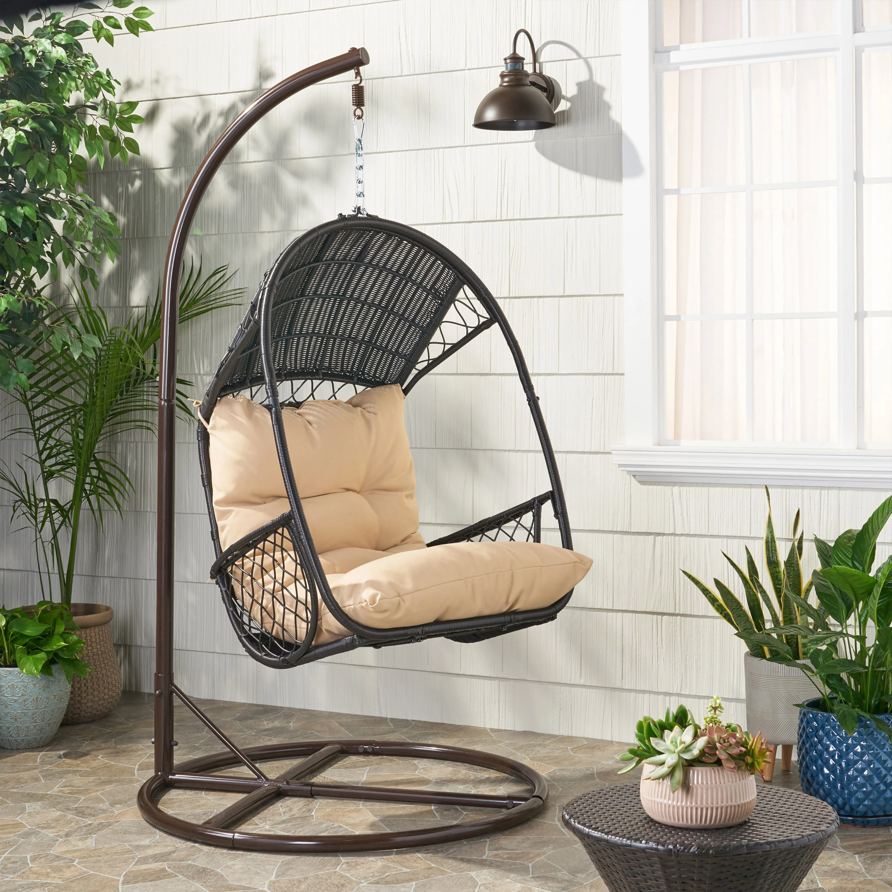 Primo Outdoor Wicker Hanging Basket Egg Chair with Stand - furnishings