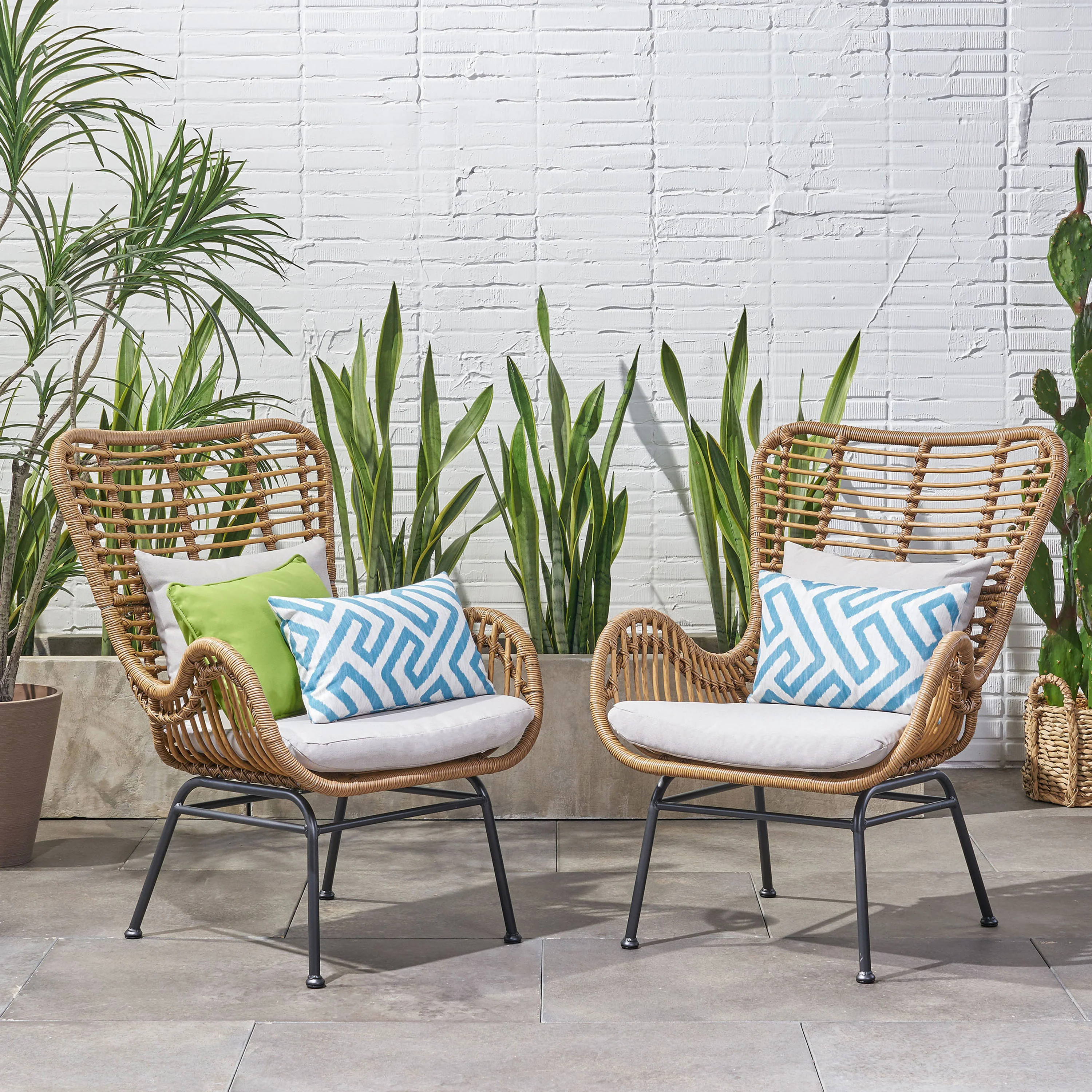 Pooneli Outdoor Wicker Club Chairs with Cushions (Set of 2) - furnishings