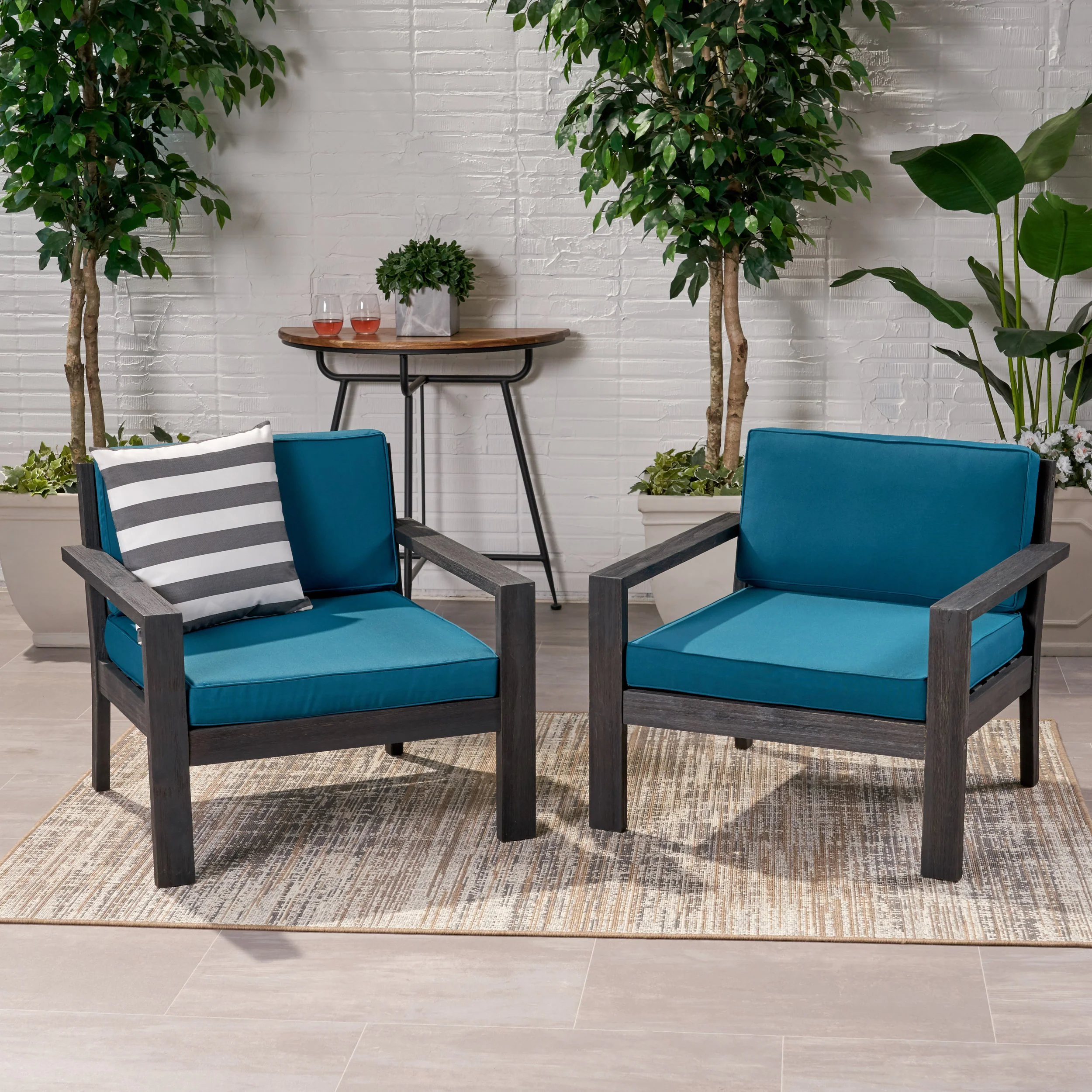 Susan Outdoor Acacia Wood Club Chairs with Cushions (Set of 2) - furnishings