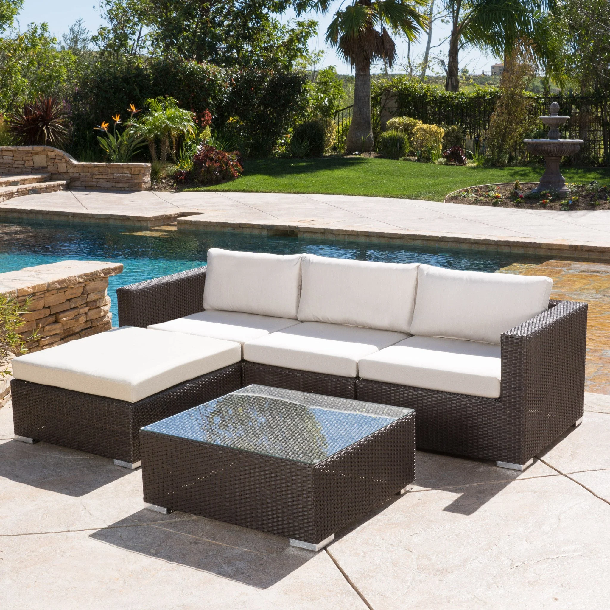 Francisco 5pc Outdoor Brown Wicker/Aluminum Seating Sectional Set w/ Cushions - furnishings