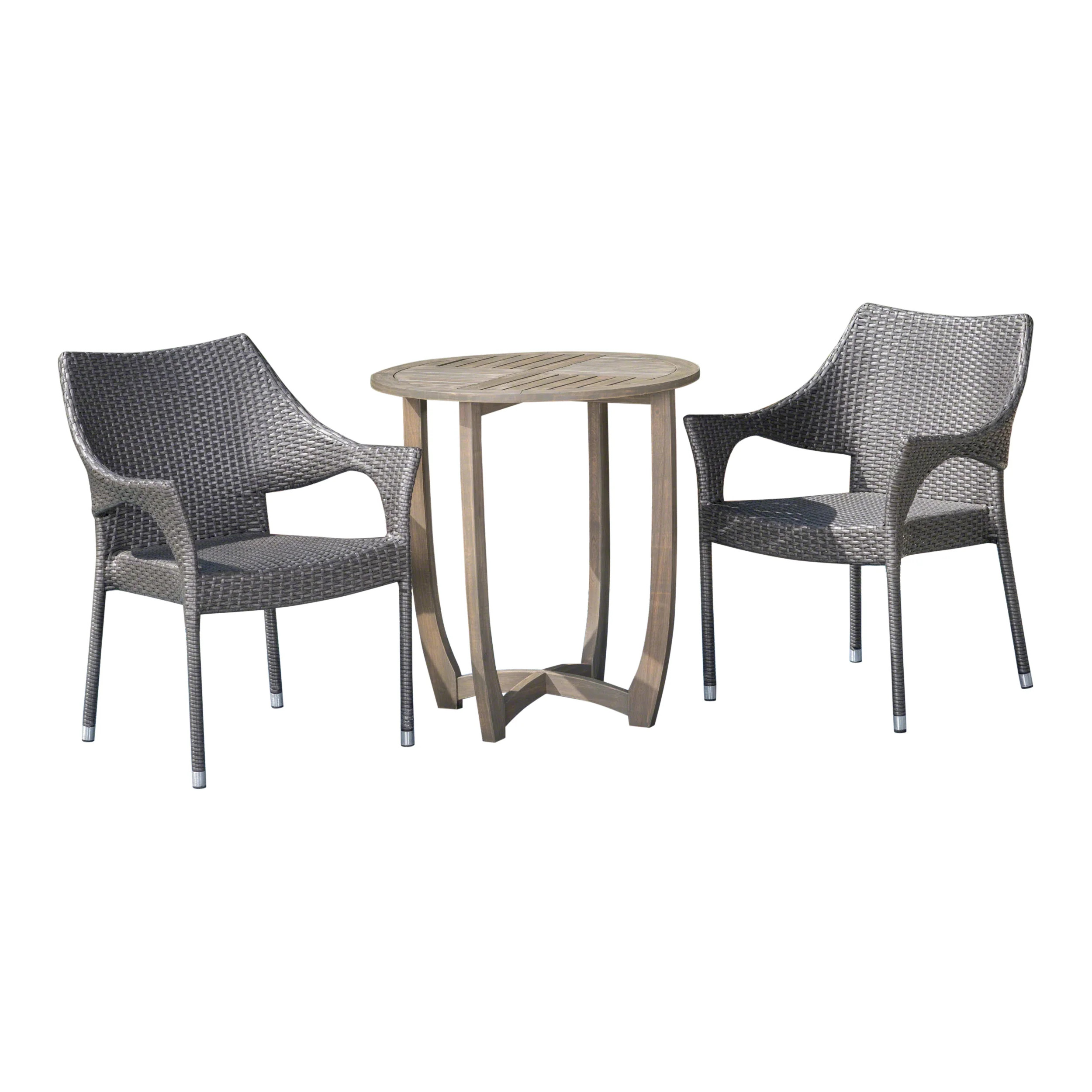 Mann Outdoor 3 Piece Wood and Wicker Bistro Set, Gray and Gray - furnishings