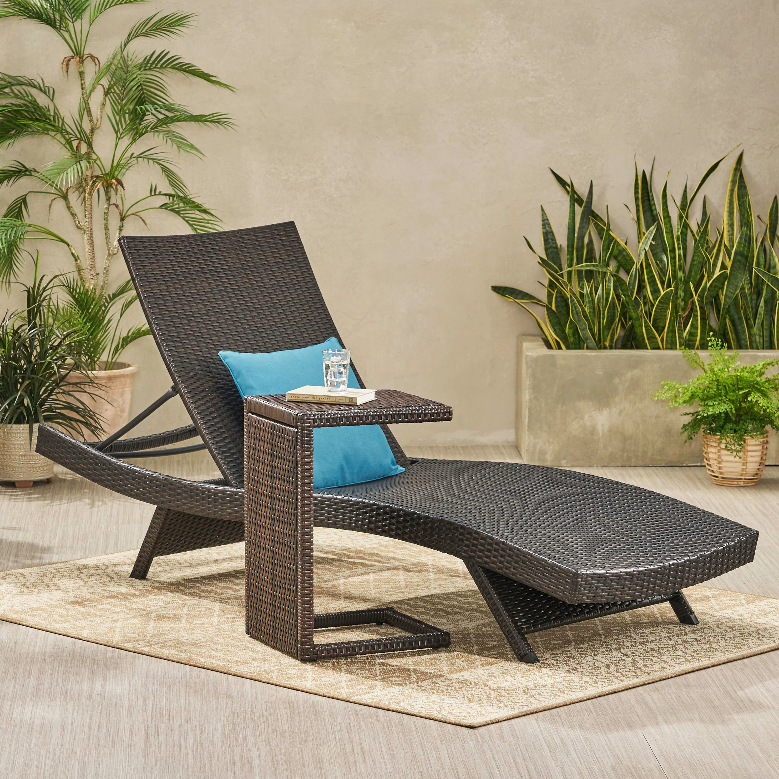 Modern Multi-Brown Wicker Chaise Lounge Set with C-Shaped End Table - furnishings