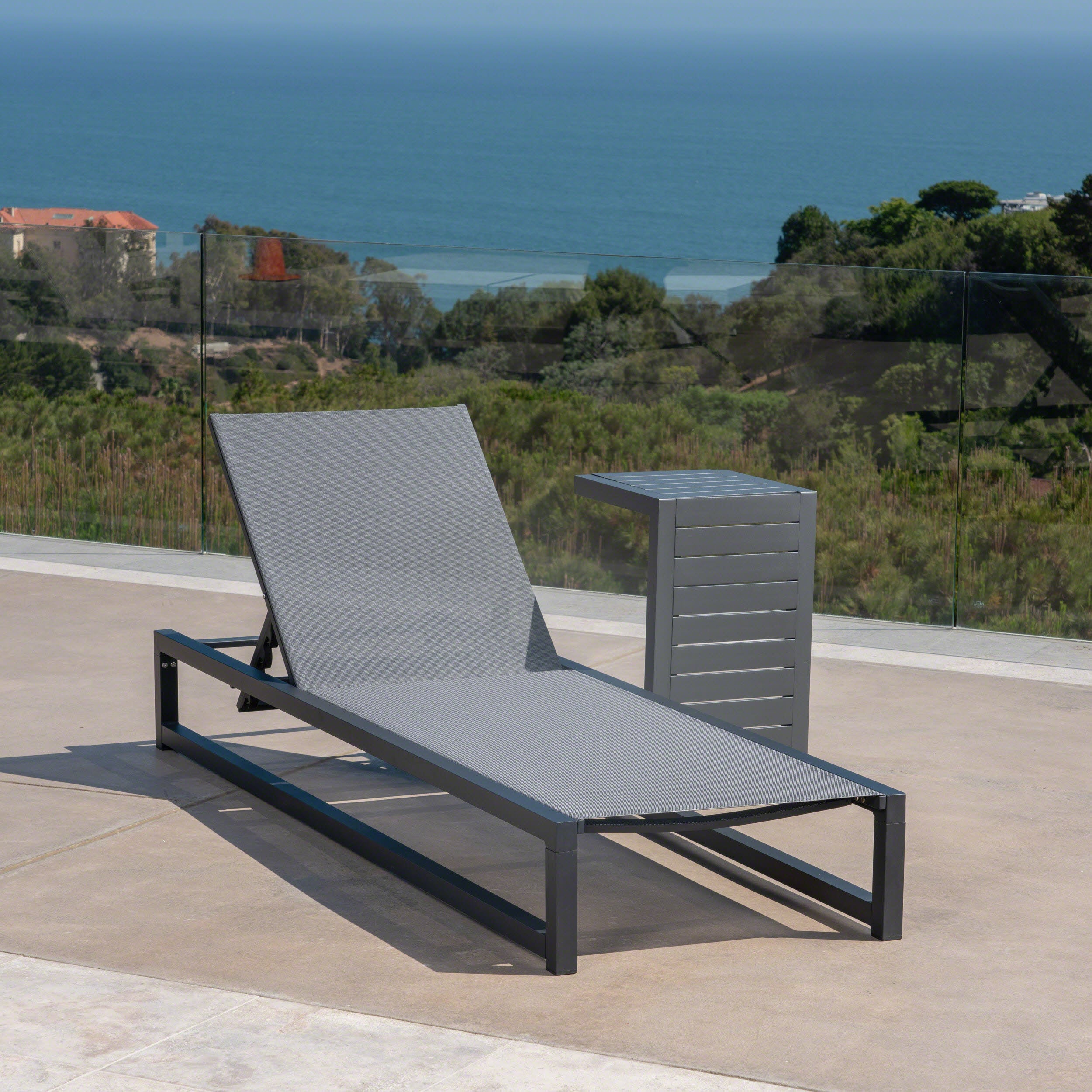 Michelle Outdoor Gray Mesh and Aluminum Frame Chaise Lounge with Matching Table - furnishings