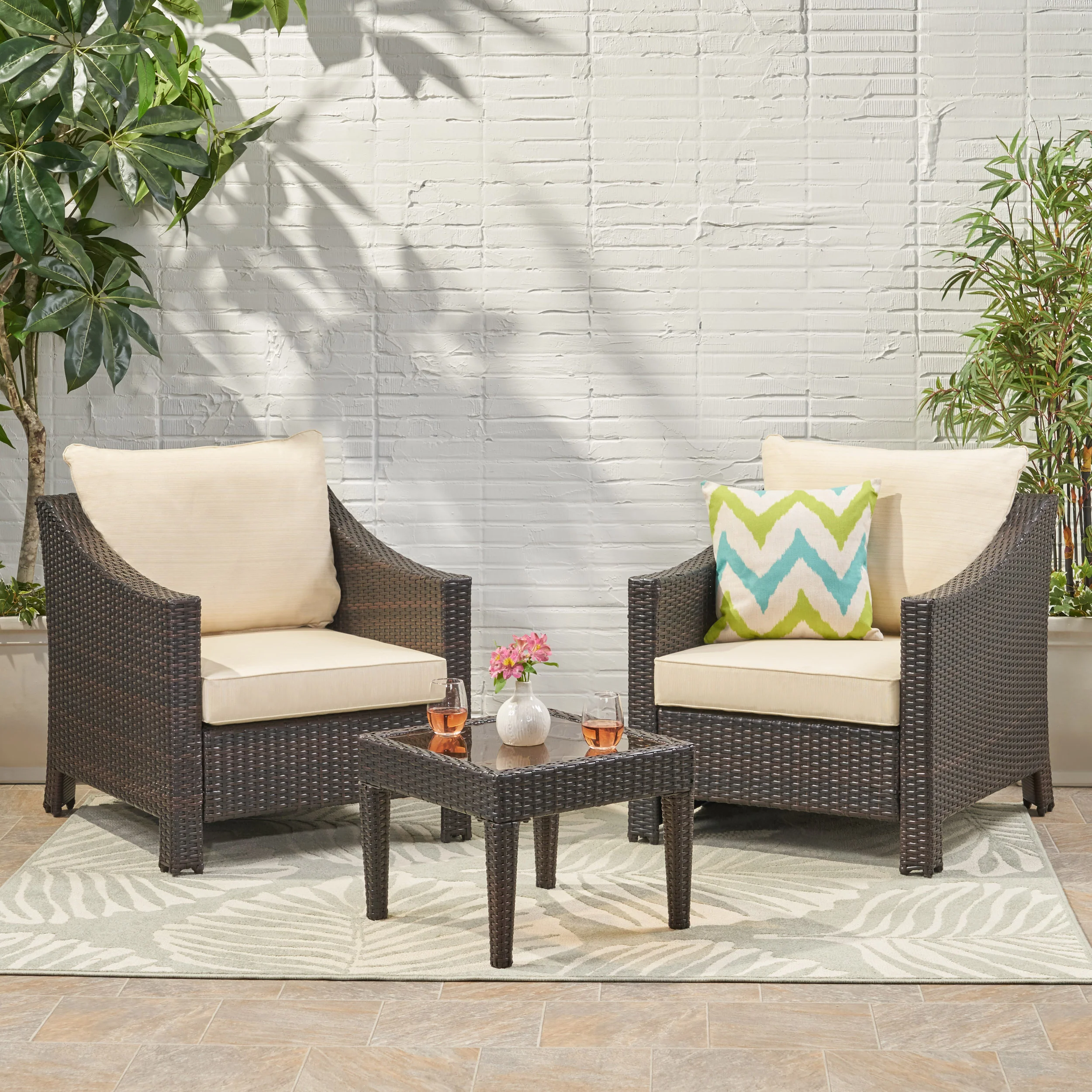 Jones Outdoor 3-piece Brown Wicker Bistro Set with Cushions - furnishings