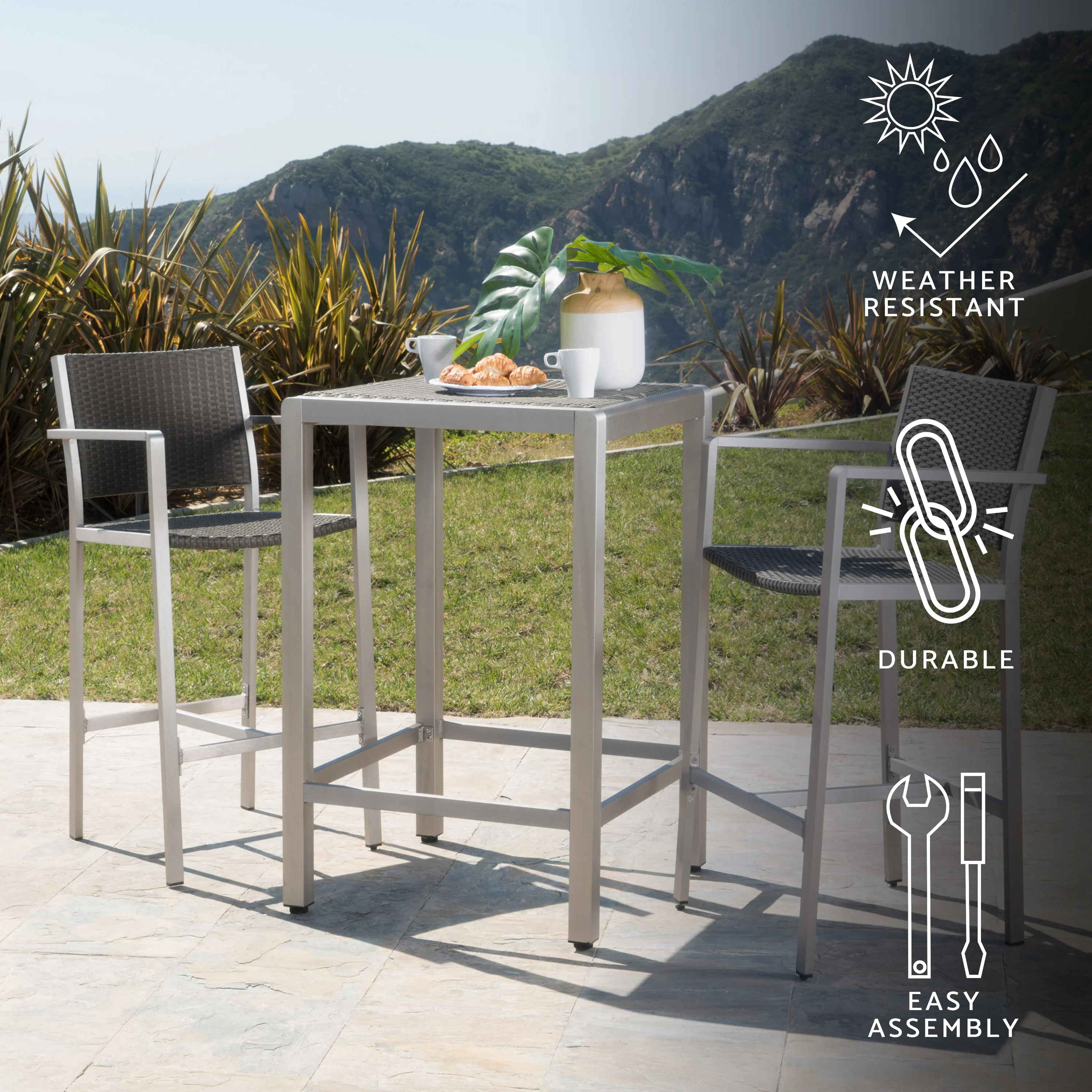 Capral Outdoor Modern 3-Piece Gray Wicker Bar Set with Aluminum Frame - furnishings