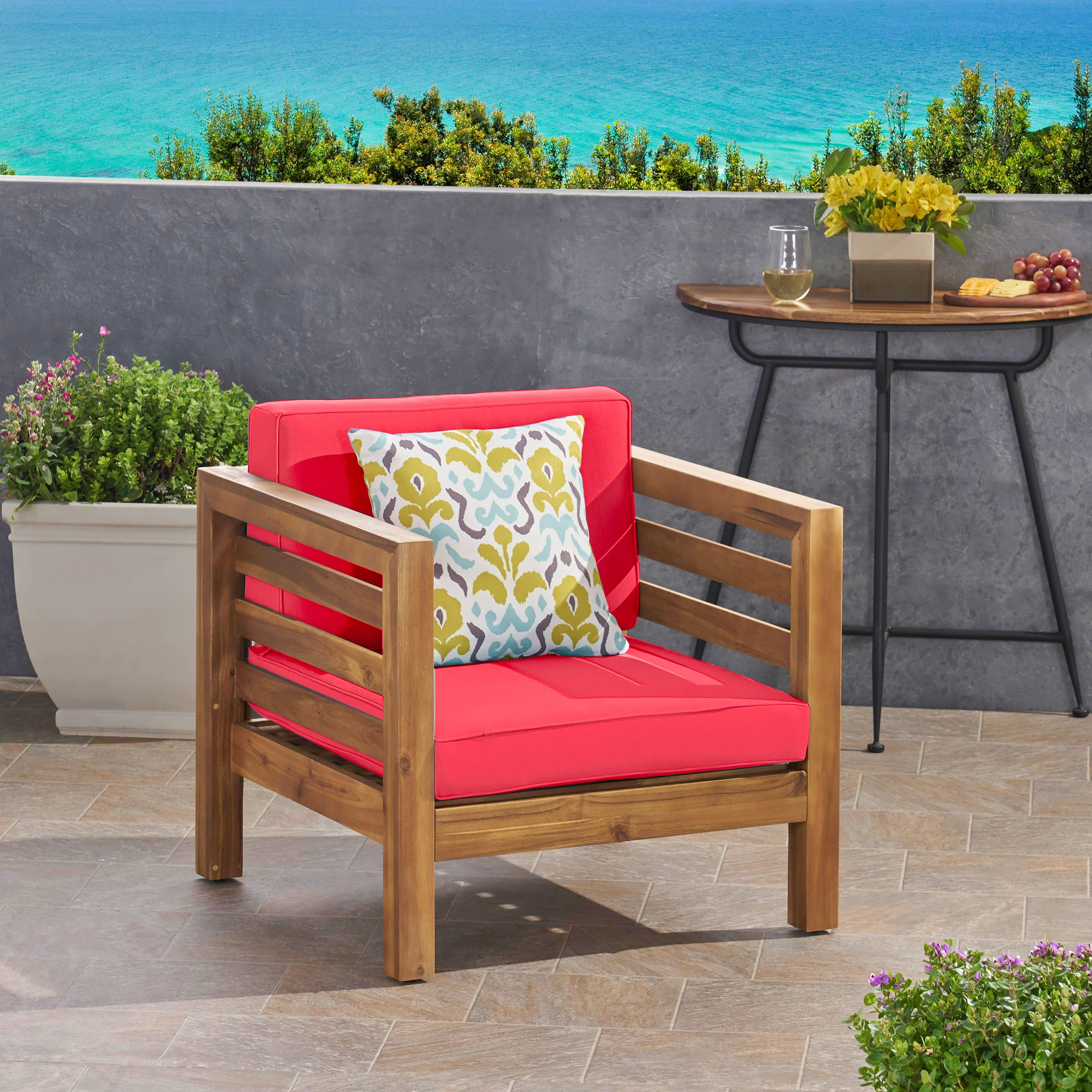 Louise Outdoor Acacia Wood Club Chair with Cushion - furnishings