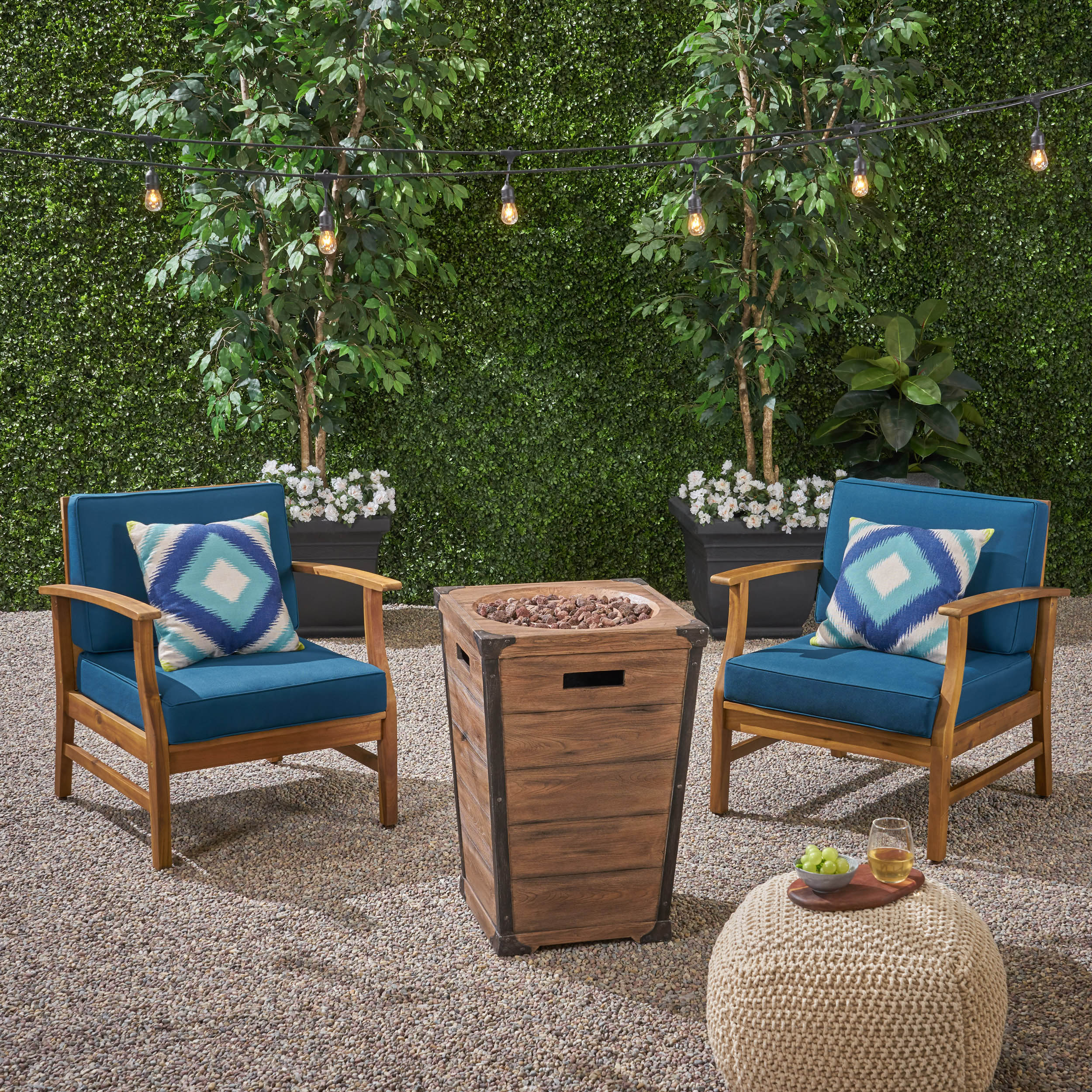 Capri Outdoor 2 Piece Acacia Wood Club Chair Set with Cushions and Fire Column - furnishings