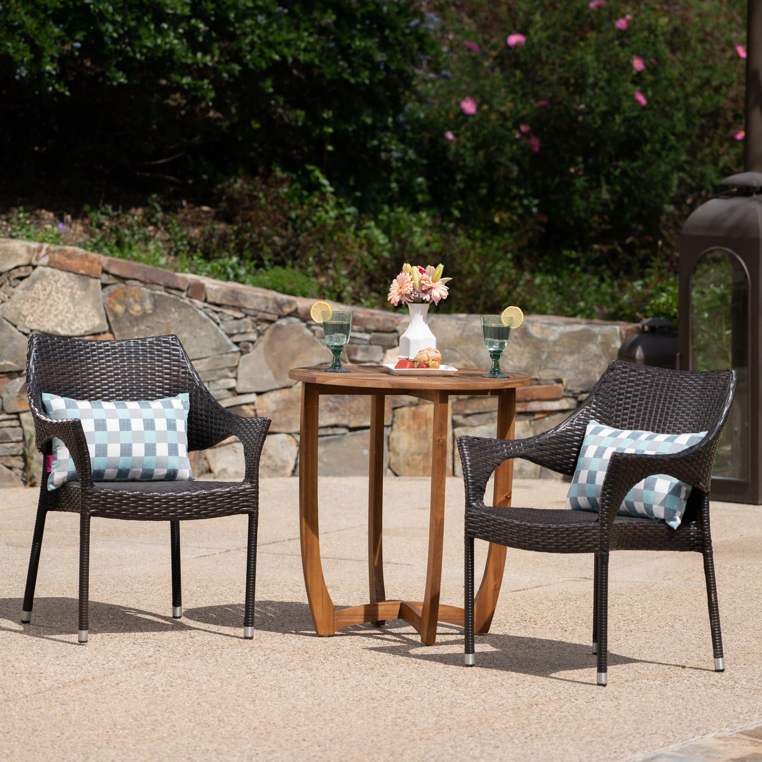 Ethan Outdoor 3 Piece  Acacia Wood/ Wicker Bistro Set, Teak Finish and Multibrown - furnishings