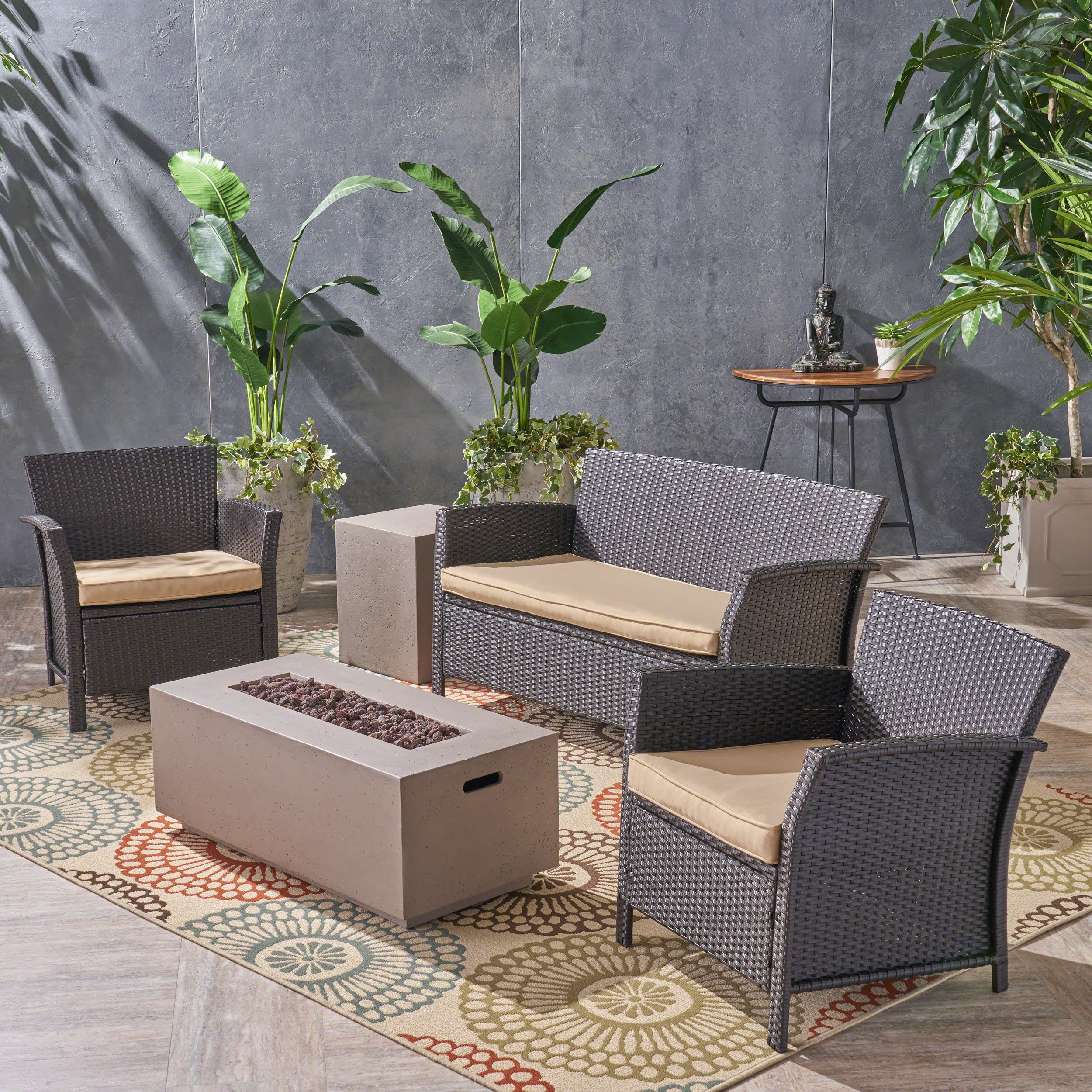 Laiah Outdoor 4 Seater Wicker Chat Set with Fire Pit - furnishings
