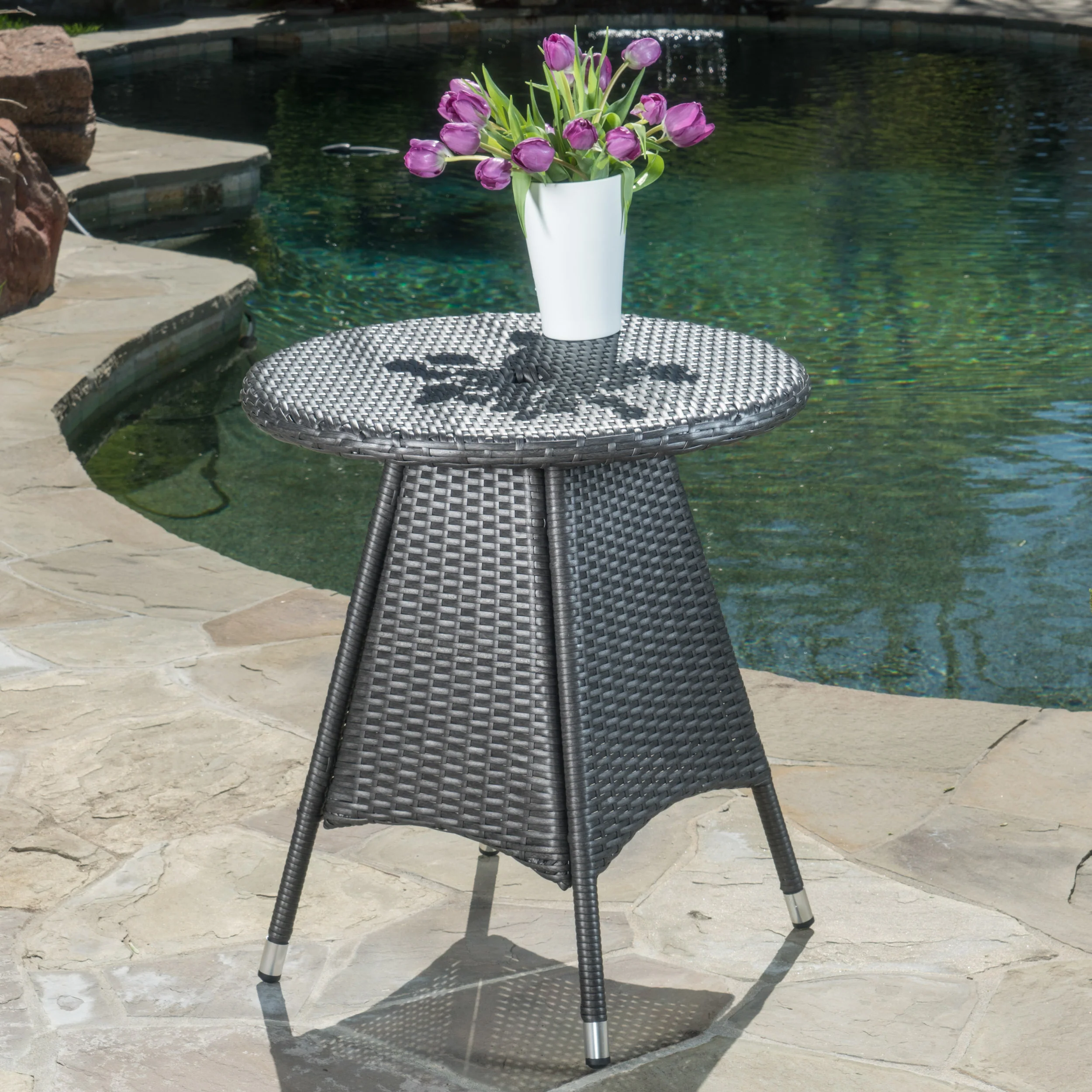 Bristle Outdoor Round Gray Wicker Bistro Table with Umbrella Hole - furnishings