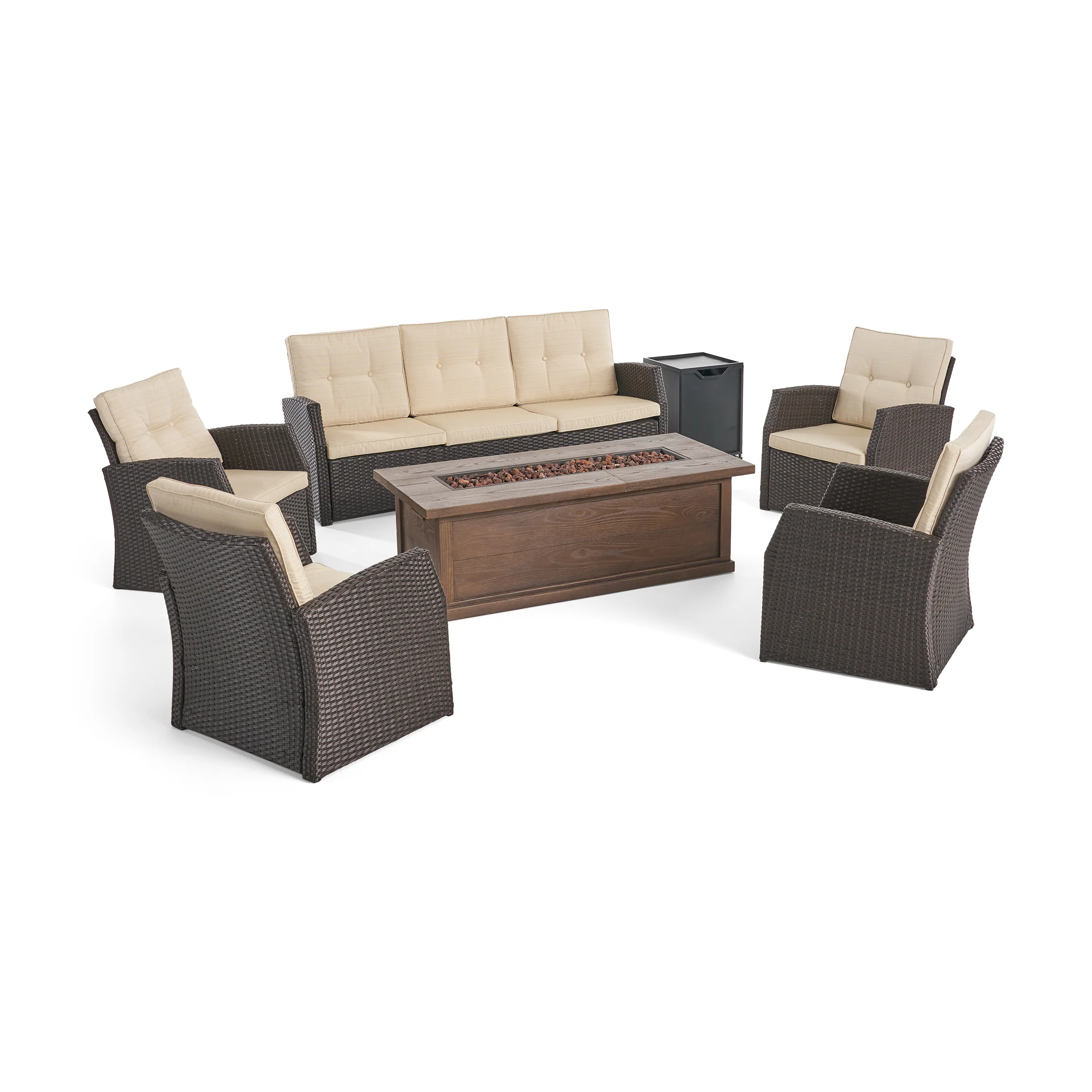 Roswell Outdoor 7 Seater Wicker Chat Set with Wood Finished Fire Pit - furnishings