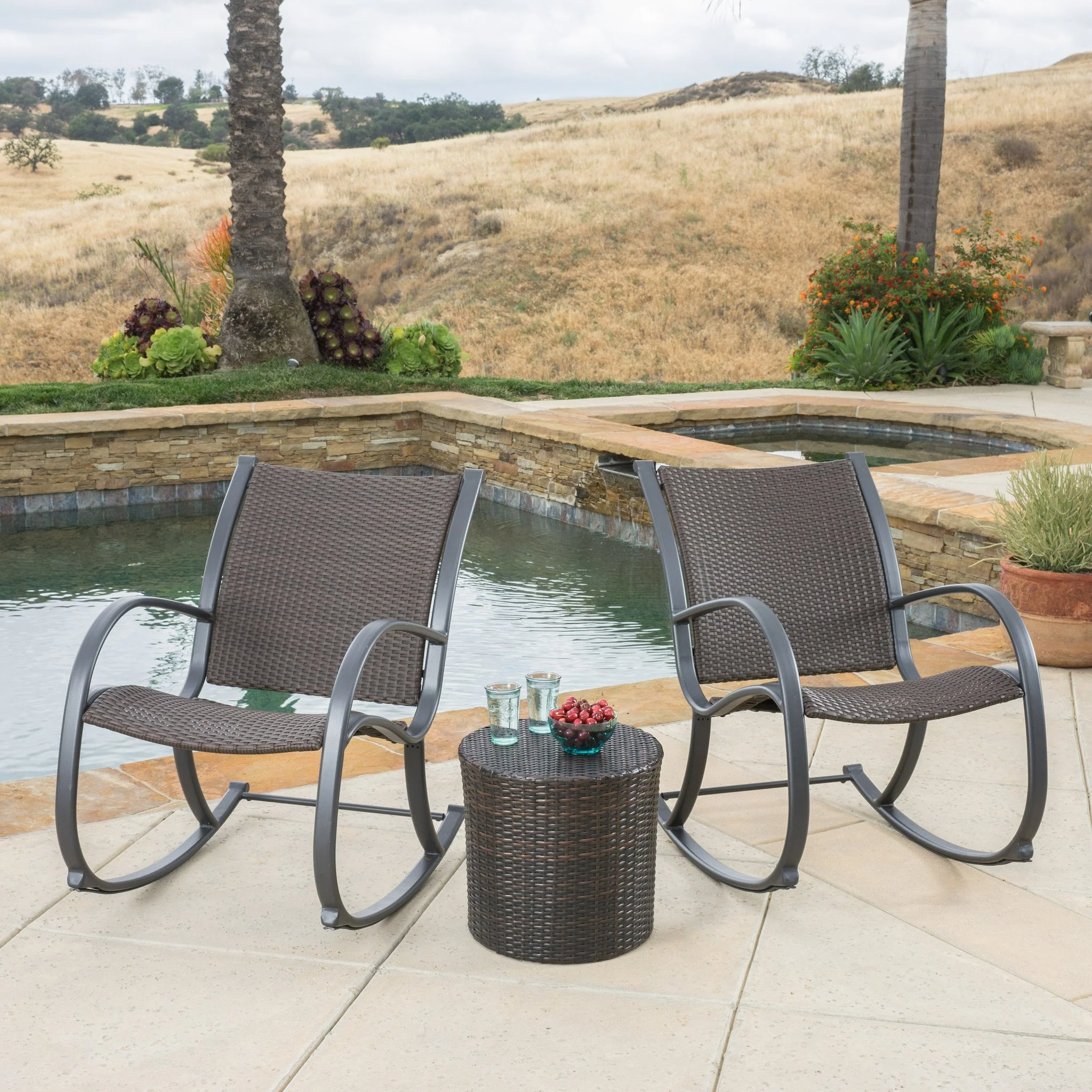 Leann Outdoor 3pc Dark Brown Wicker Rocking Chair Chat Set - furnishings