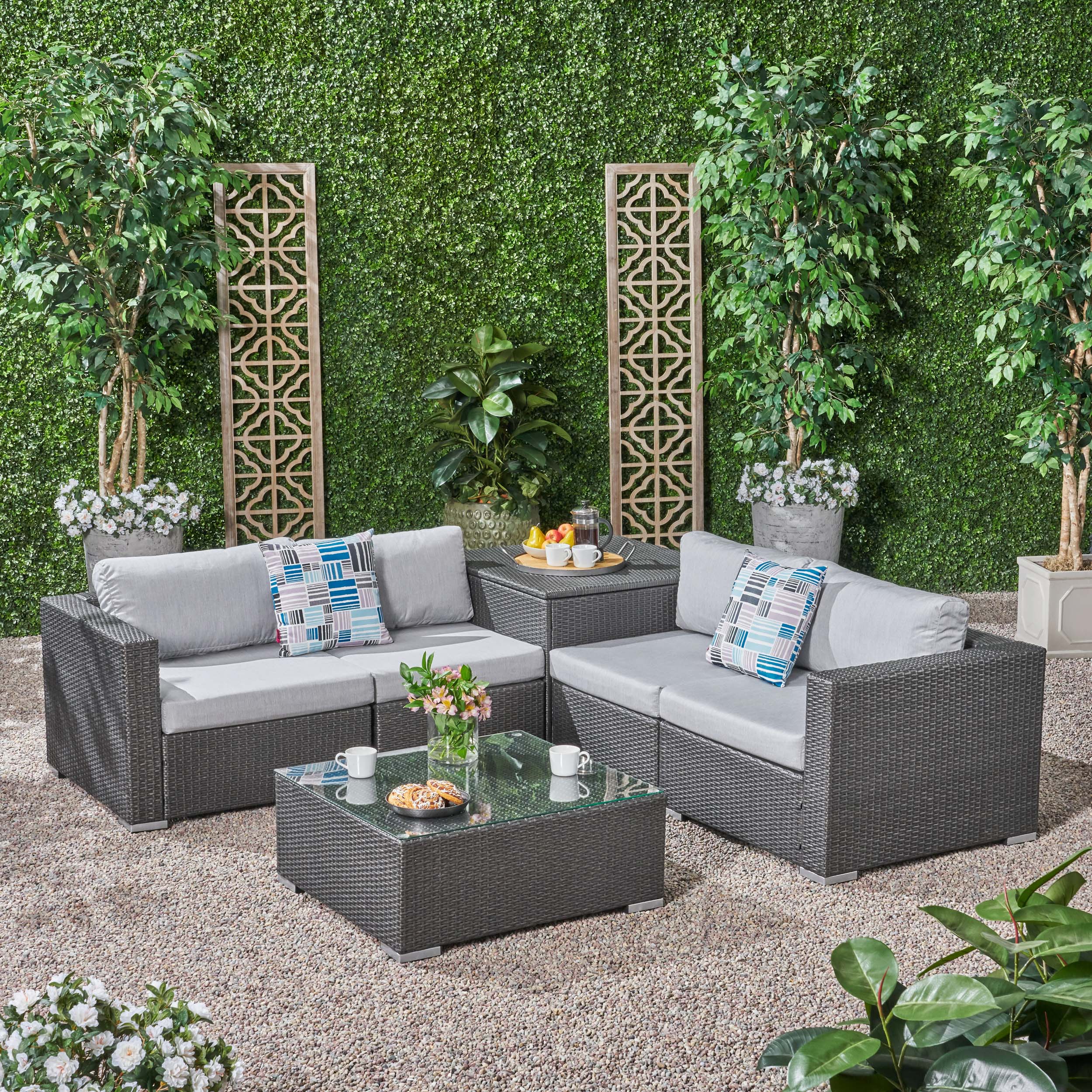 Kyra Outdoor 4 Seater Wicker Sofa Set with Storage Ottoman and Sunbrella Cushions - furnishings
