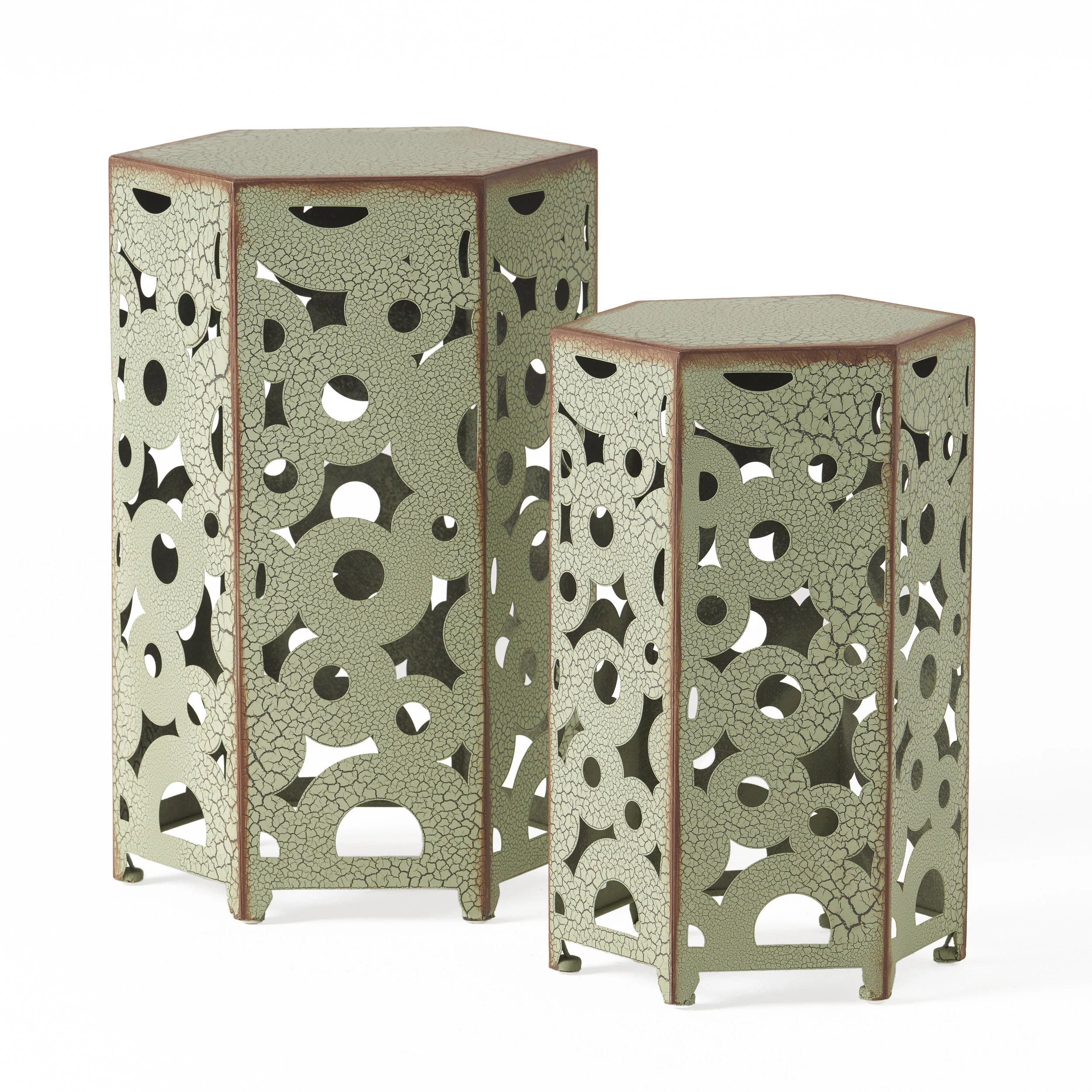 Contemporary Outdoor Hexagonal Antique Iron Accent Tables (Set of 2) - furnishings