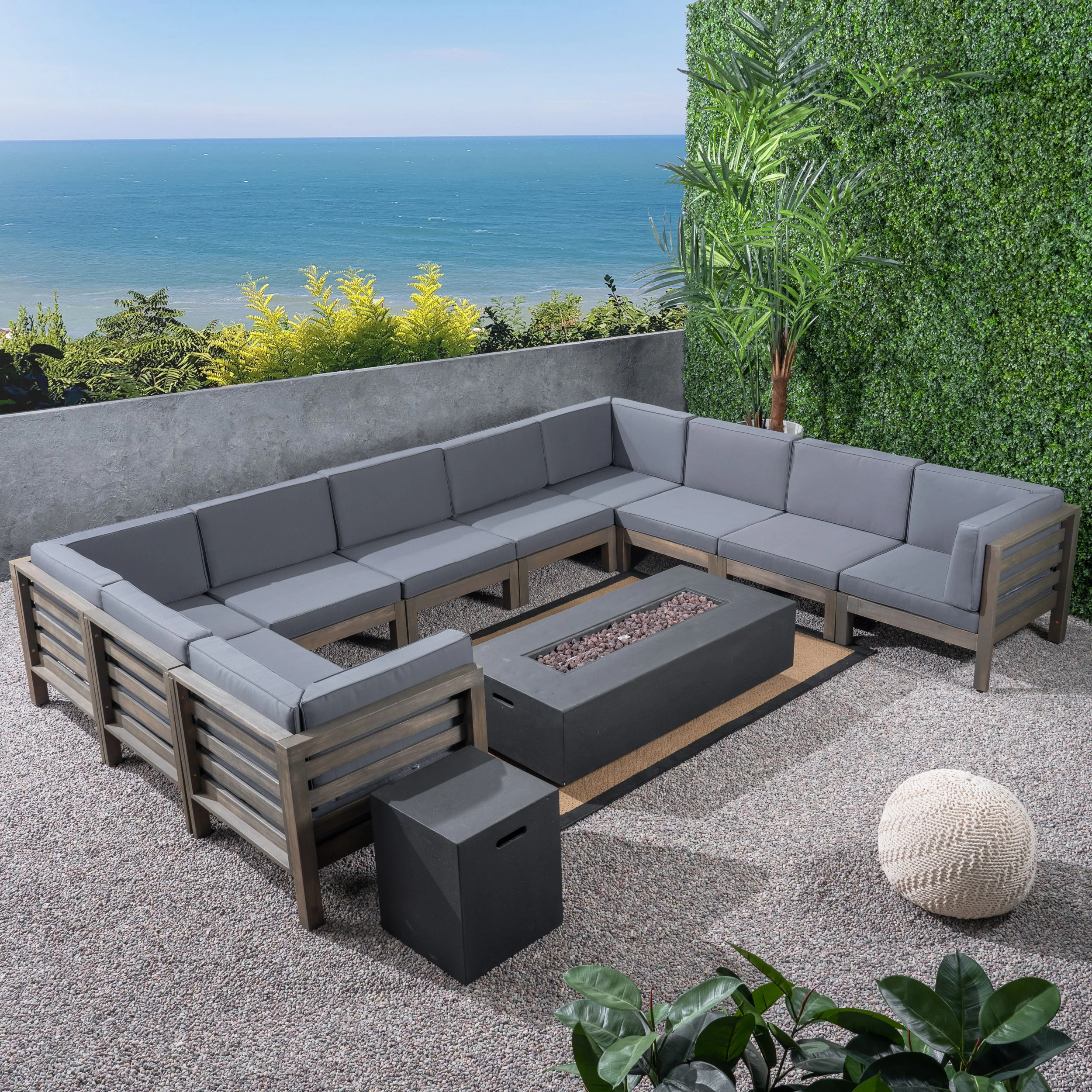 Ravello Outdoor 12 Piece U-Shaped Sectional Sofa Set with Fire Pit - furnishings