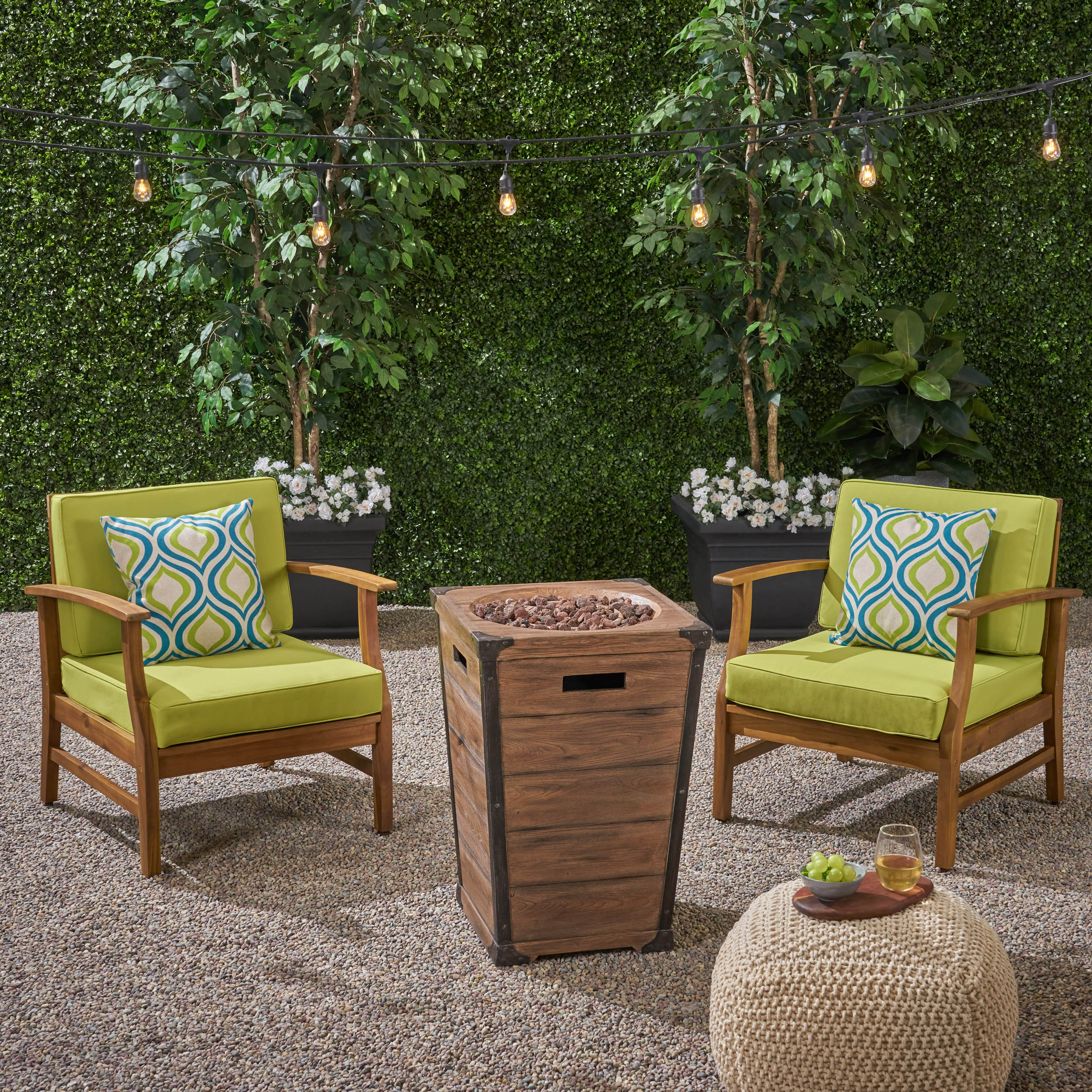 Capri Outdoor 2 Piece Acacia Wood Club Chair Set with Cushions and Fire Column - furnishings