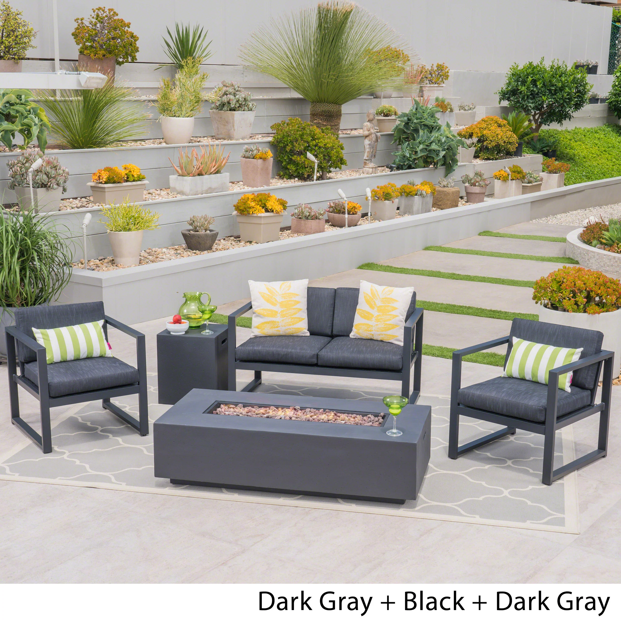 Nealie Outdoor 4-Seater Aluminum Chat Set with Fire Pit and Tank Holder - furnishings