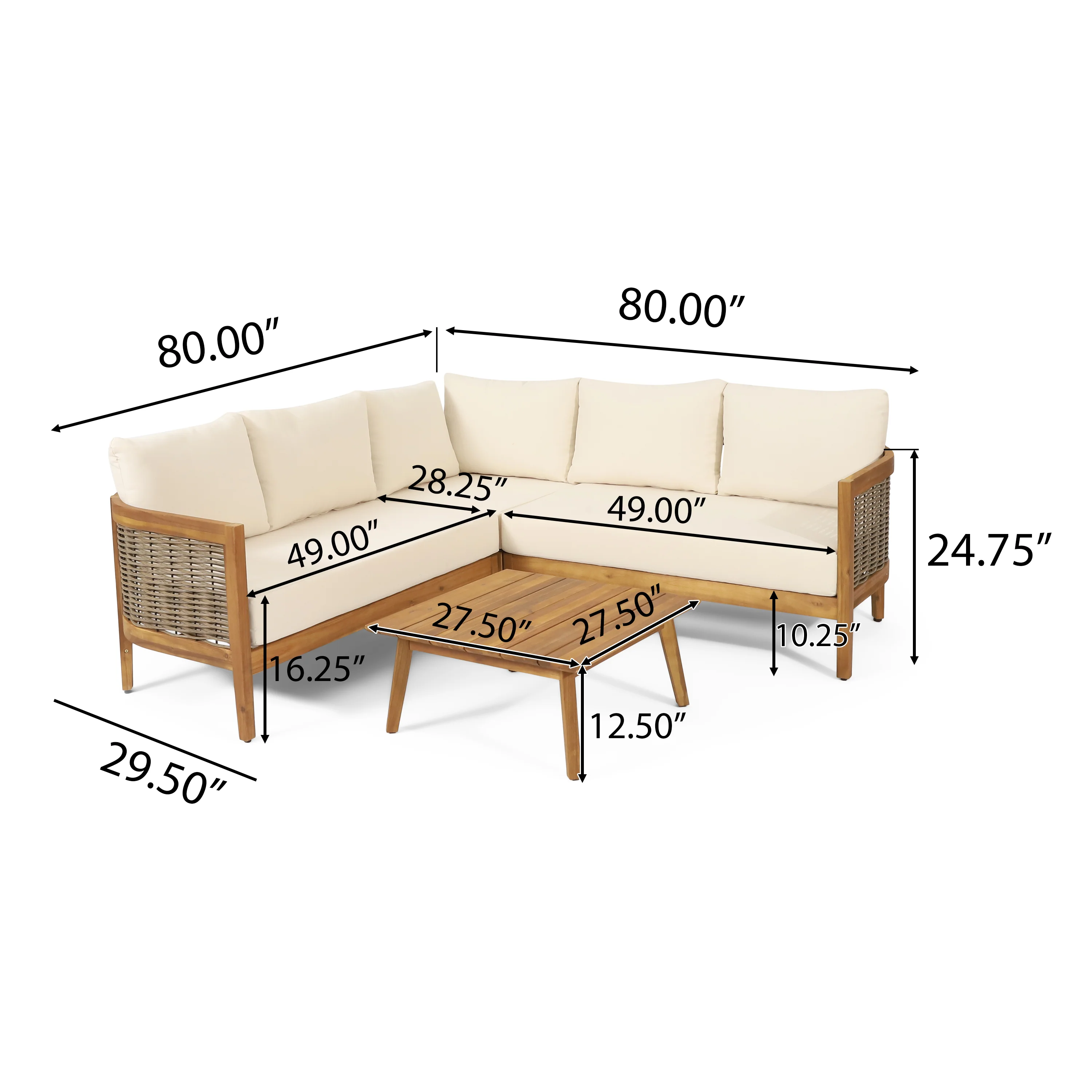 The Crowne Collection Outdoor Acacia Wood and Round Wicker 5 Seater Sectional Sofa Chat Set with Cushions, Teak, Mixed Brown, and Beige - furnishings