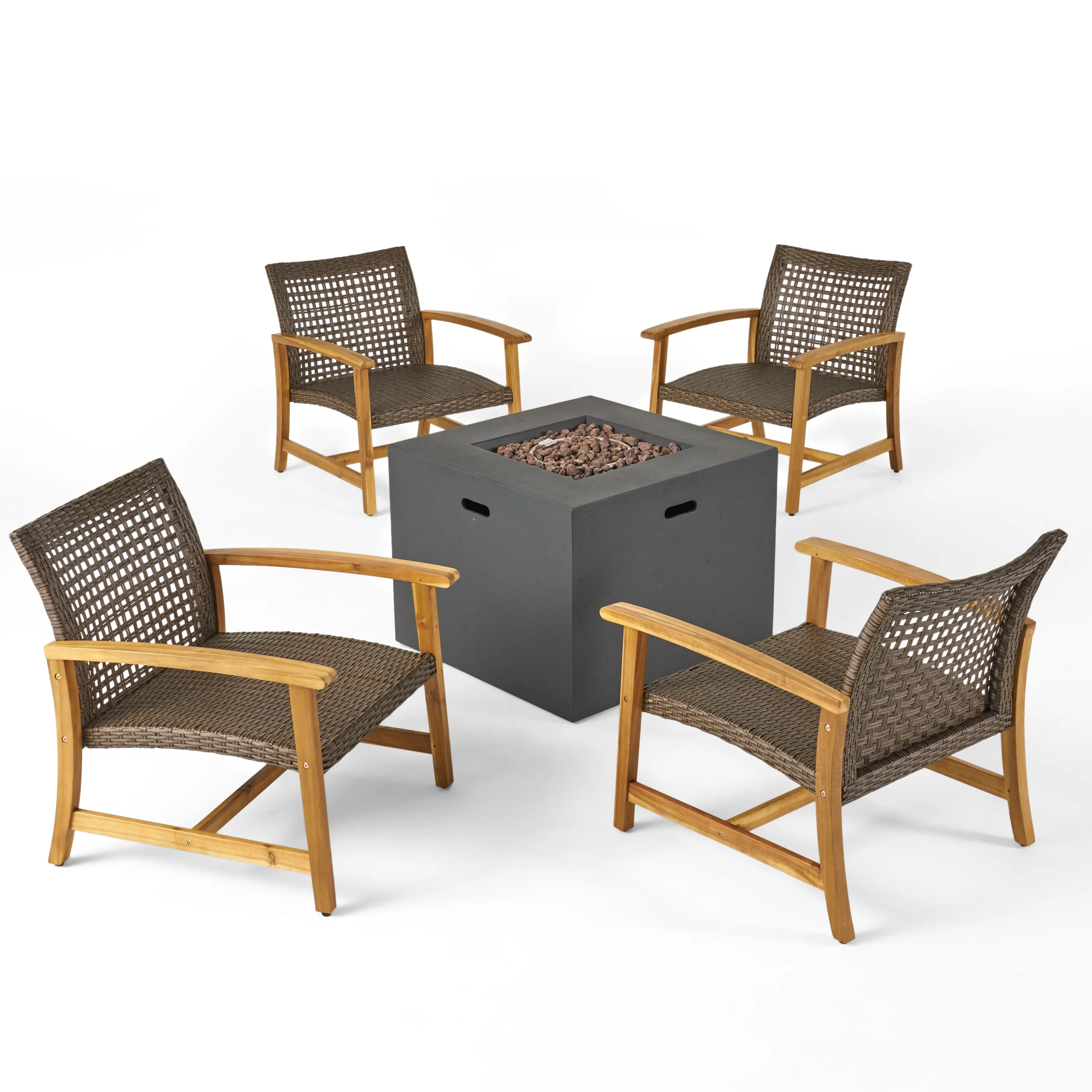 Carry Outdoor 5 Piece Wood and Wicker Club Chairs and Fire Pit Set - furnishings