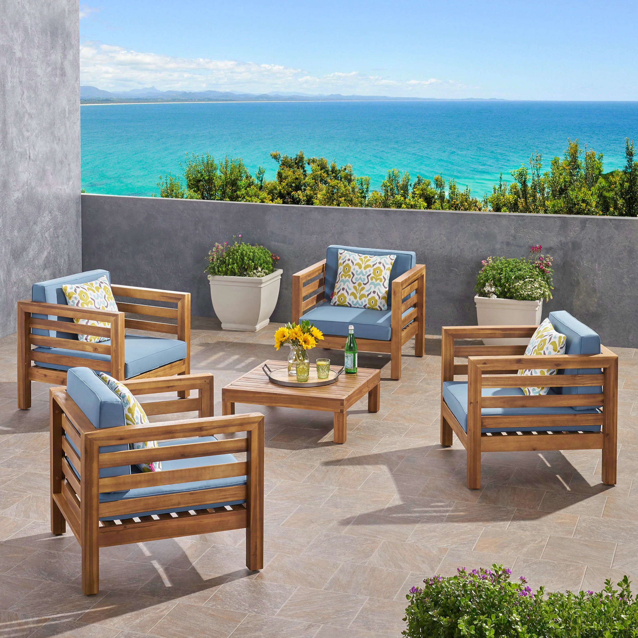 Emma Outdoor 4 Seater Acacia Wood Club Chair and Coffee Table Set - furnishings