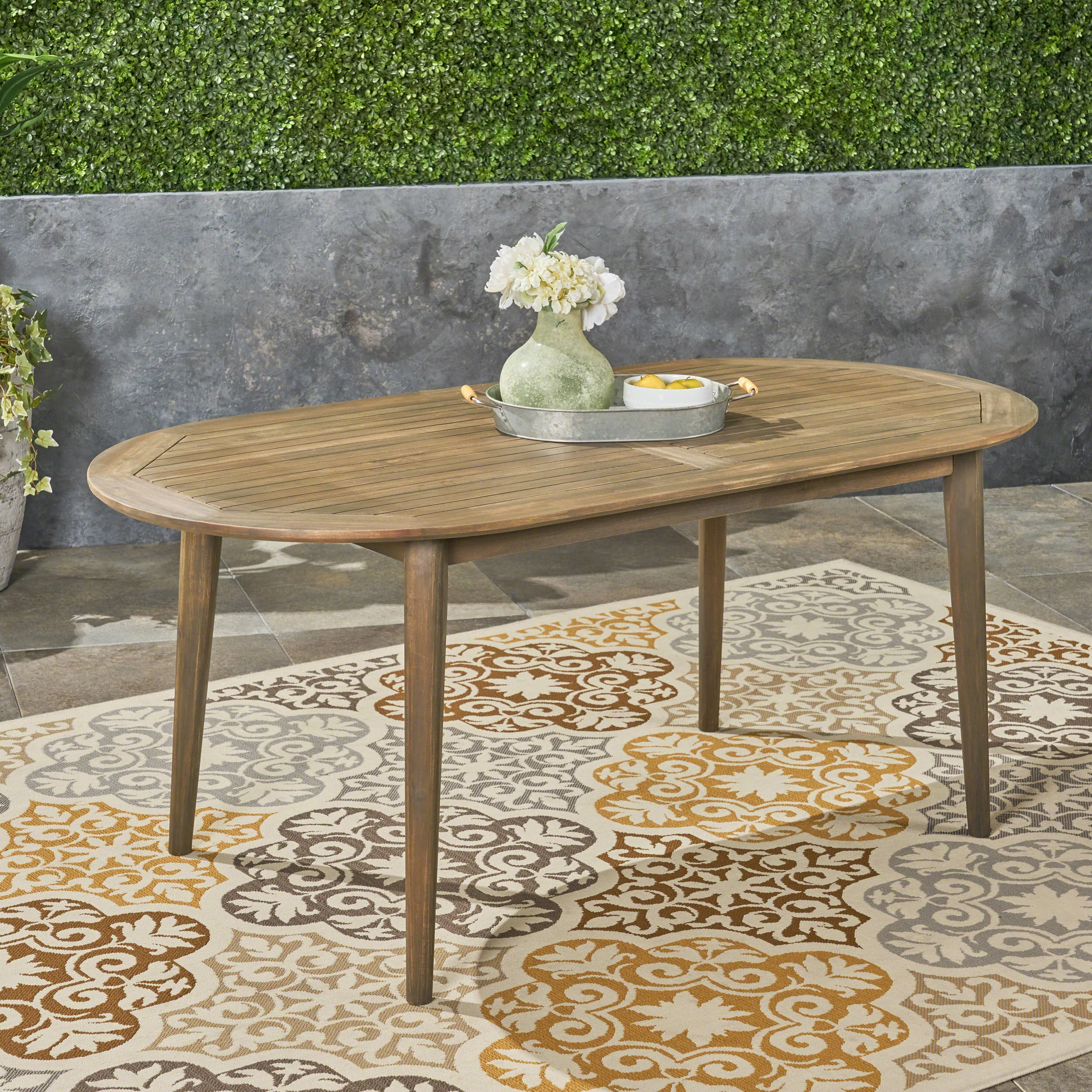 Stanford Outdoor Rustic Slat-Top Acacia Wood Oval Dining Table with Tapered Legs - furnishings