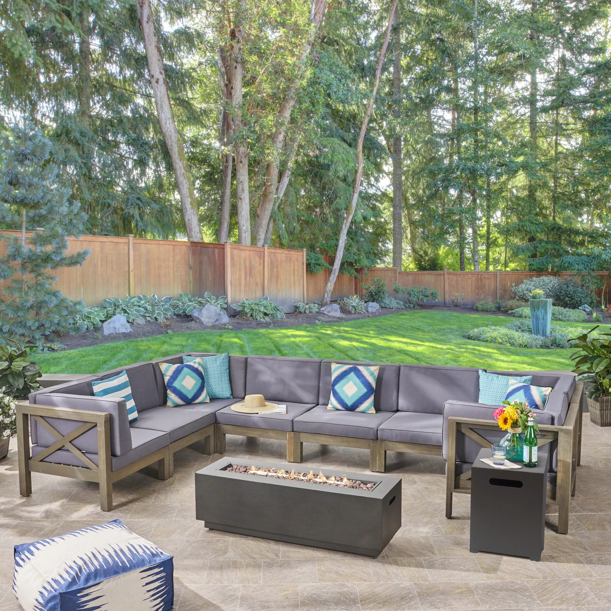 Muriel Outdoor Farmhouse Acacia Wood 8 Seater U-Shaped Sectional Sofa Set with Fire Pit - furnishings