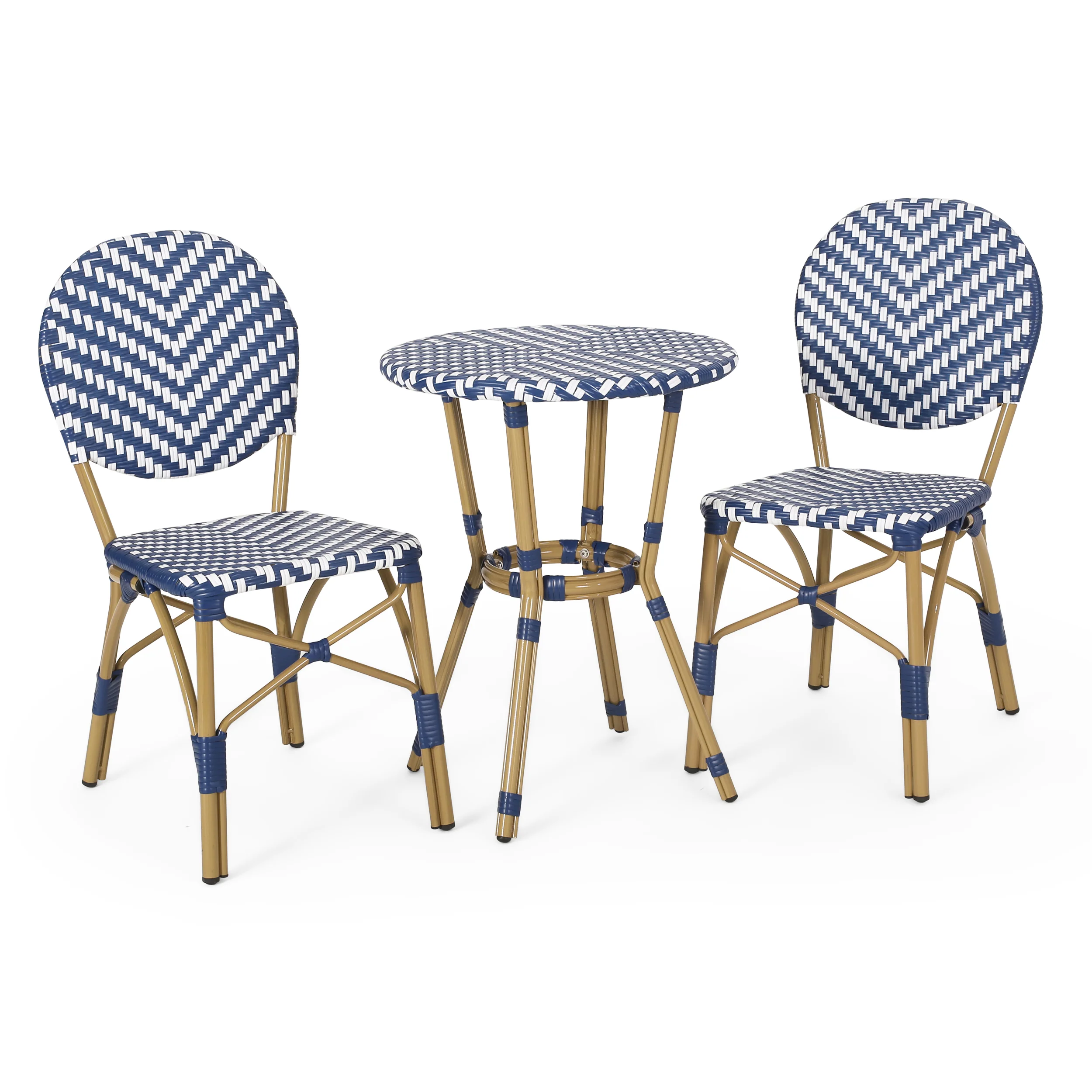 Deshler Outdoor Aluminum French Bistro Set, Navy Blue, White, and Bamboo Finish - furnishings