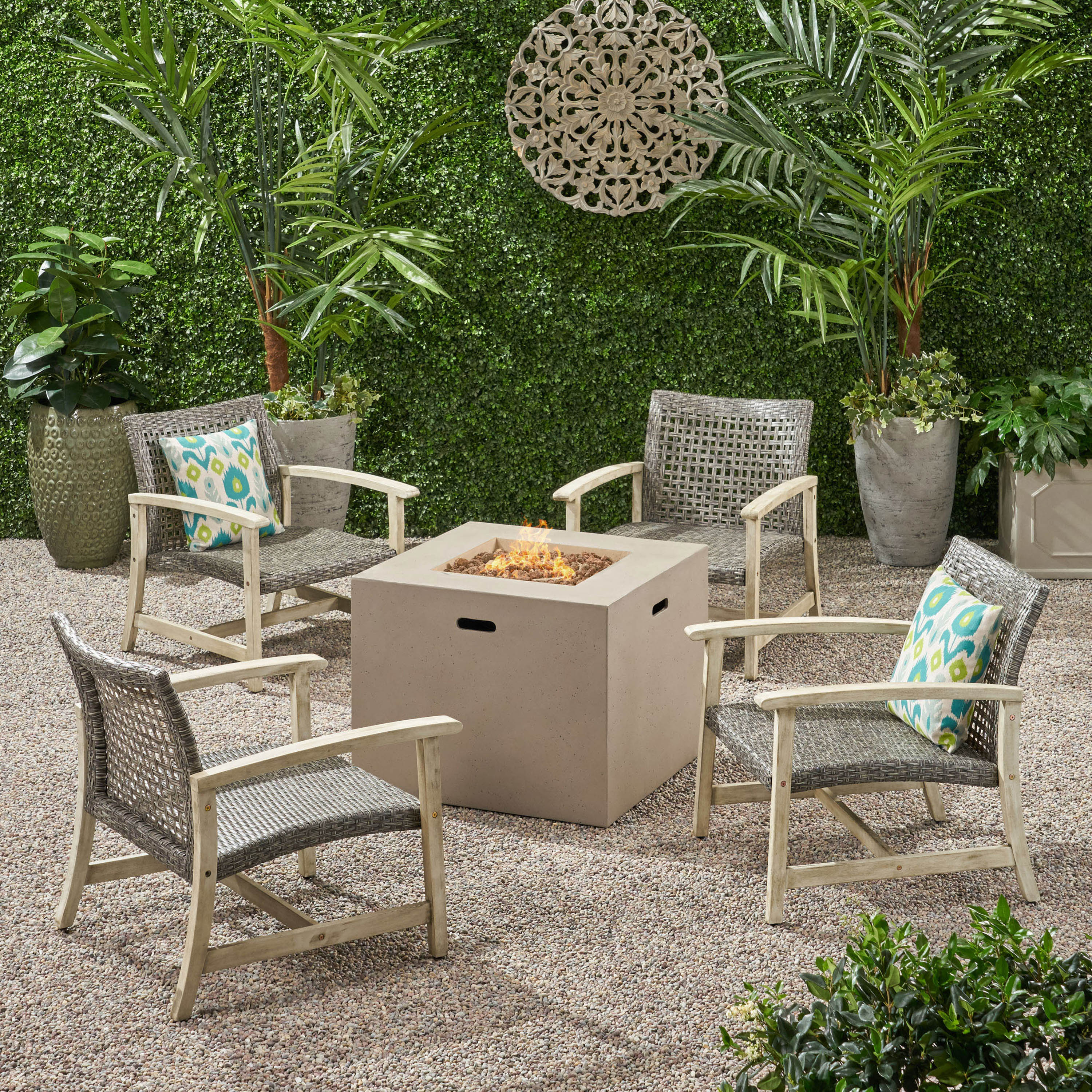 Carry Outdoor 5 Piece Wood and Wicker Club Chairs and Fire Pit Set - furnishings